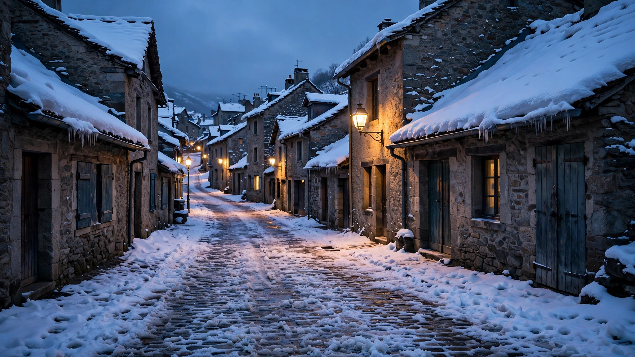 A snowy cobblestone street in an old European village at dusk, lit by vintage street lamps.