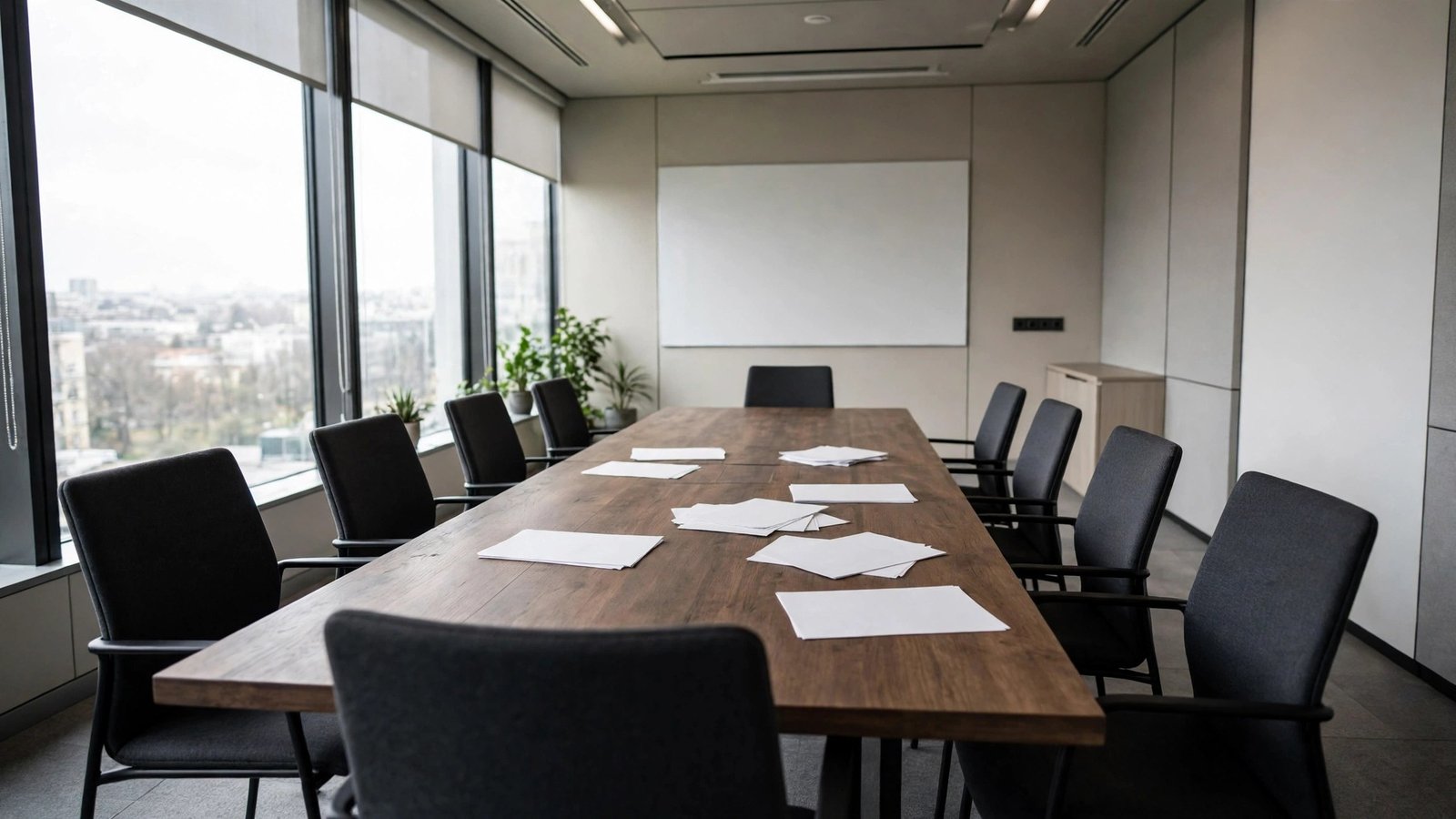 An empty meeting room with a long table, chairs and blank sheets of paper.