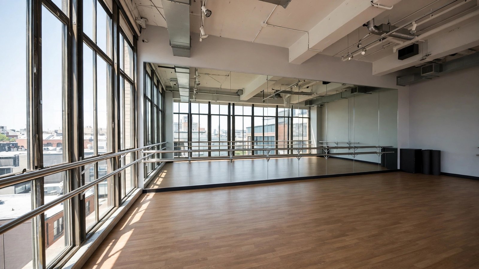 An empty dance studio with mirrors, a wooden floor and ballet barres beside large windows.