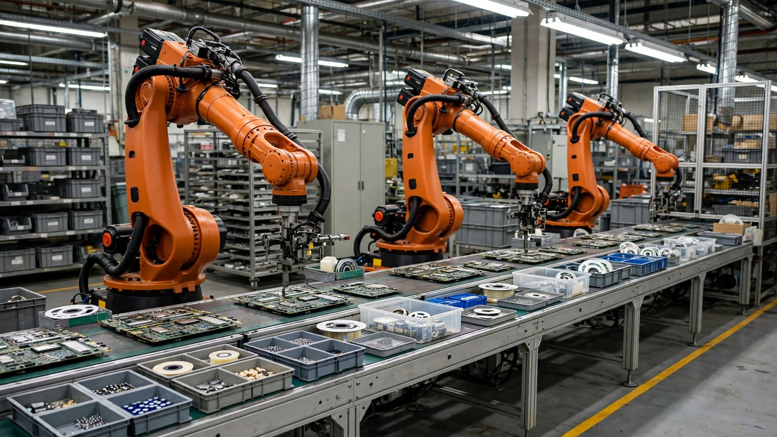 Orange industrial robotic arms assembling circuit boards on a factory line