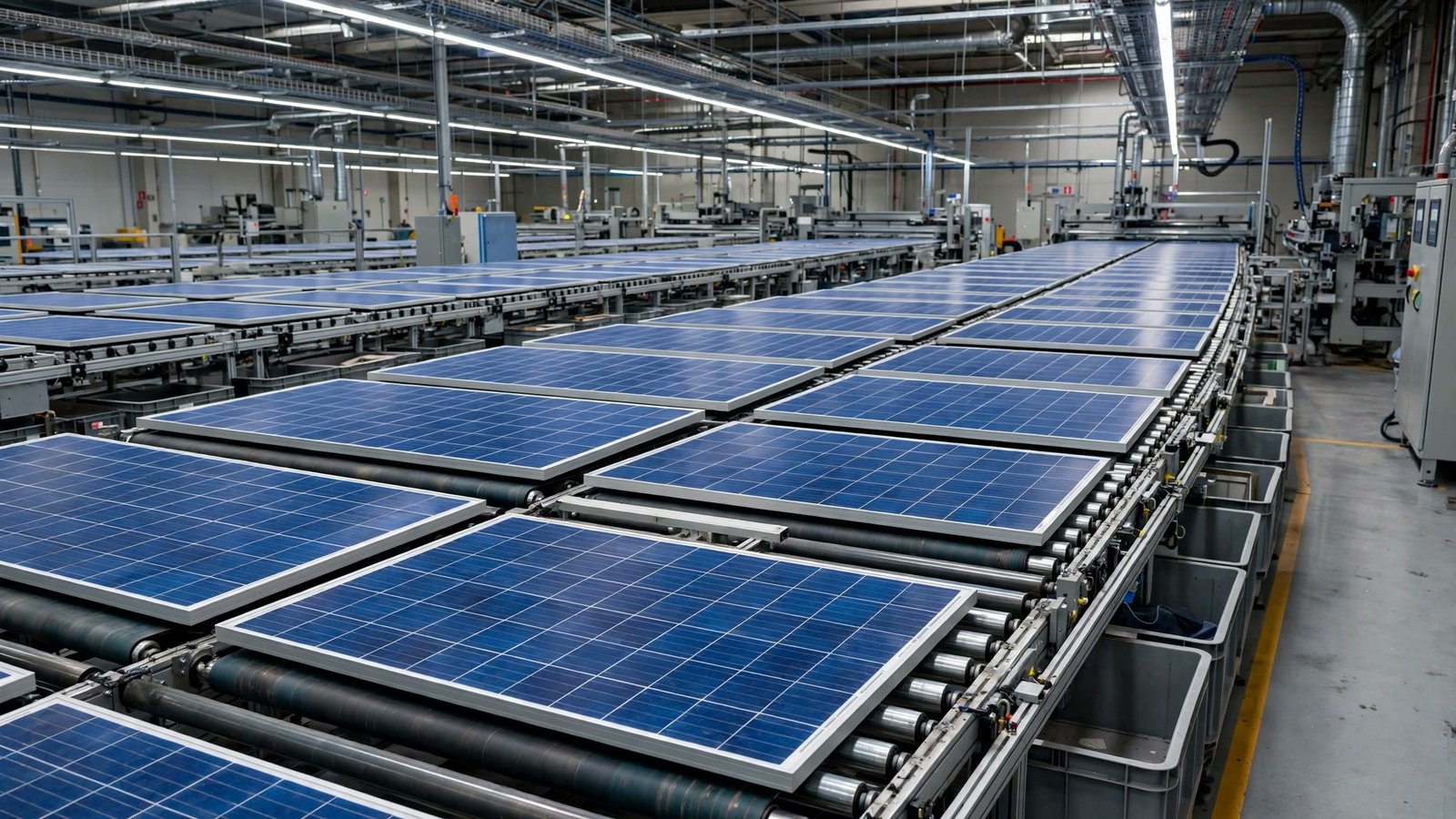 Blue solar panels on a production line inside a photovoltaic factory