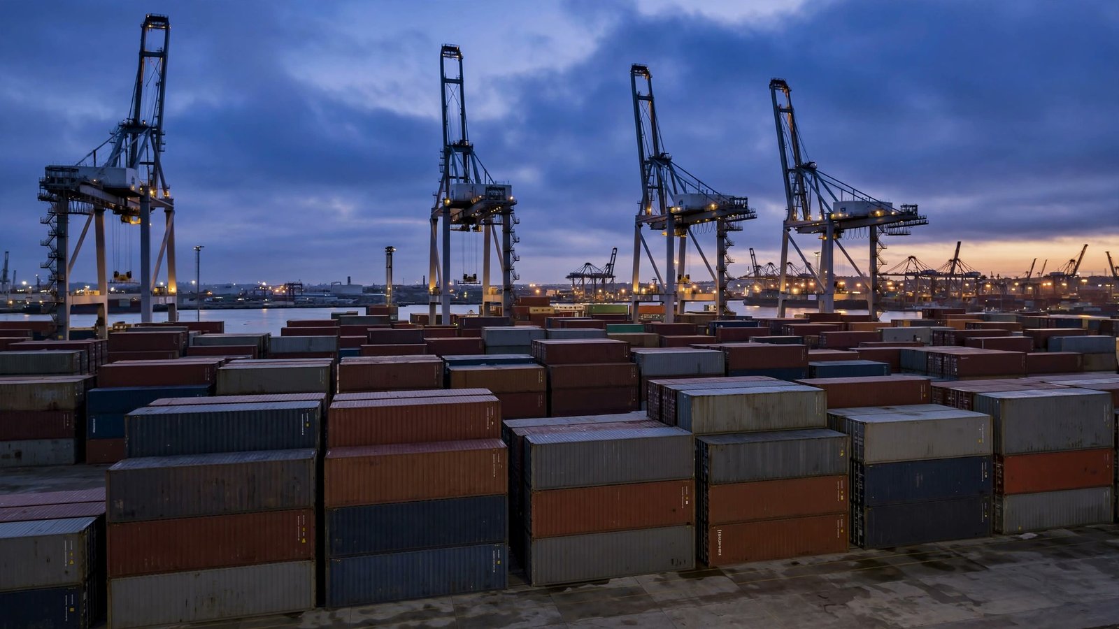 Stacked cargo containers and gantry cranes at a shipping port at dusk