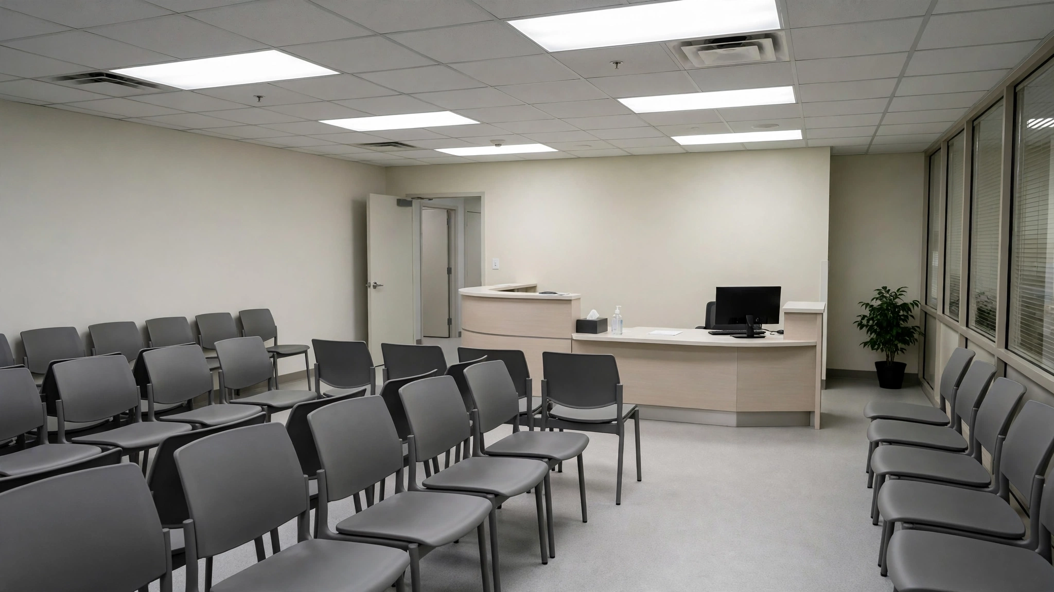 An empty urgent-care clinic waiting room with rows of chairs and a reception desk