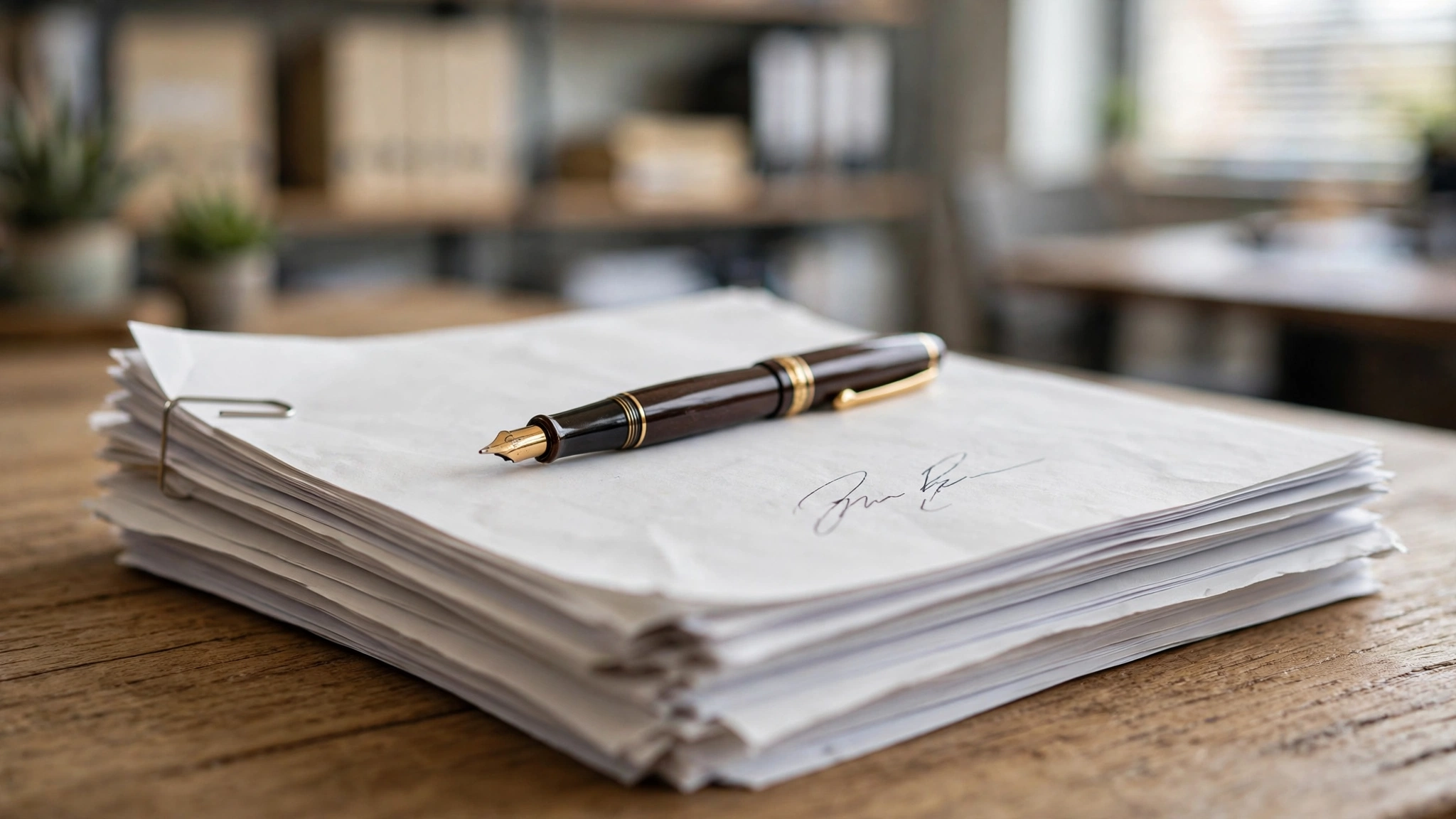 Stack of signed contract documents with a fountain pen resting on top on a wooden desk