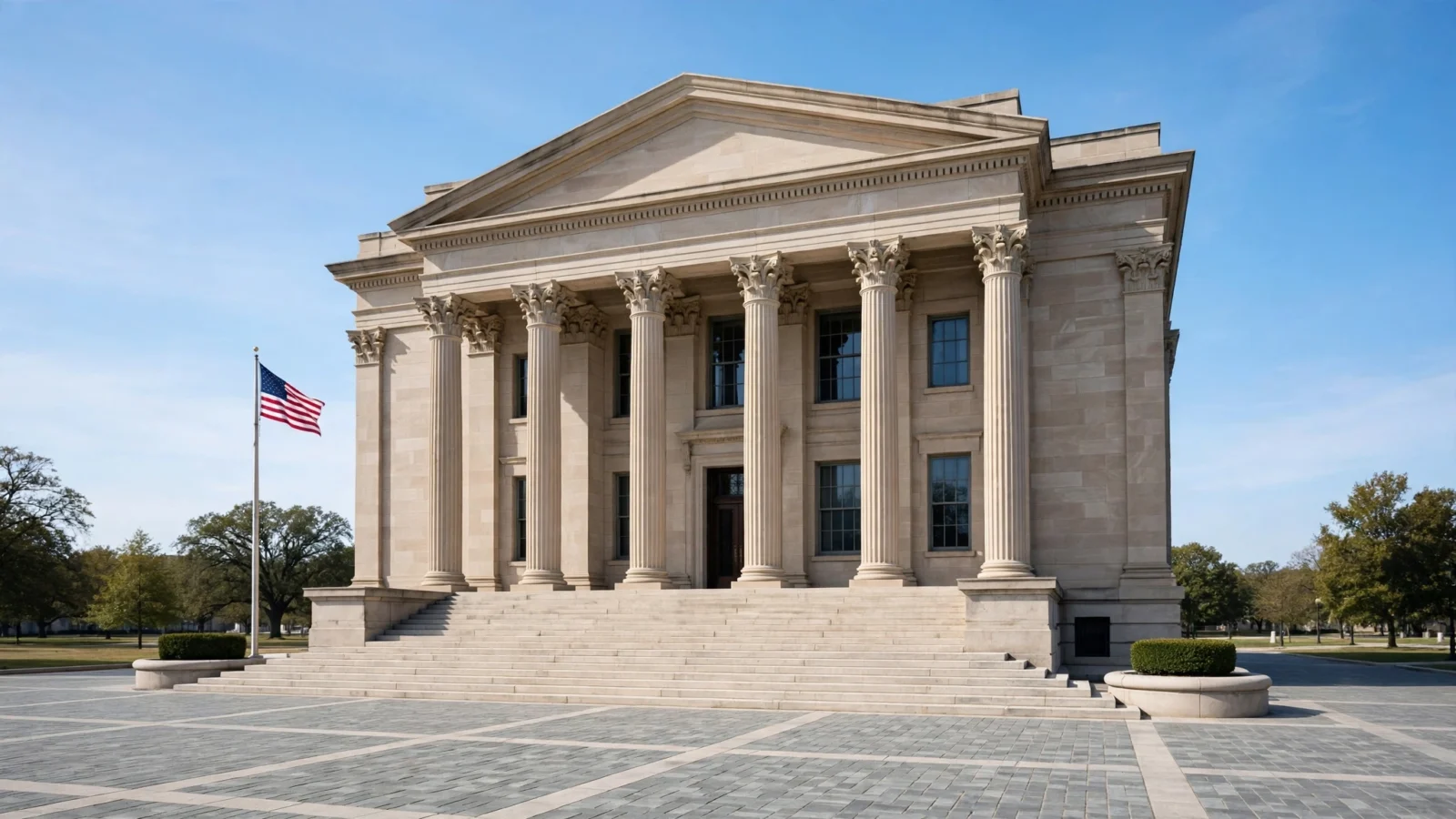 Stone facade of a neoclassical federal courthouse with tall columns and an American flag flying out front on a clear day