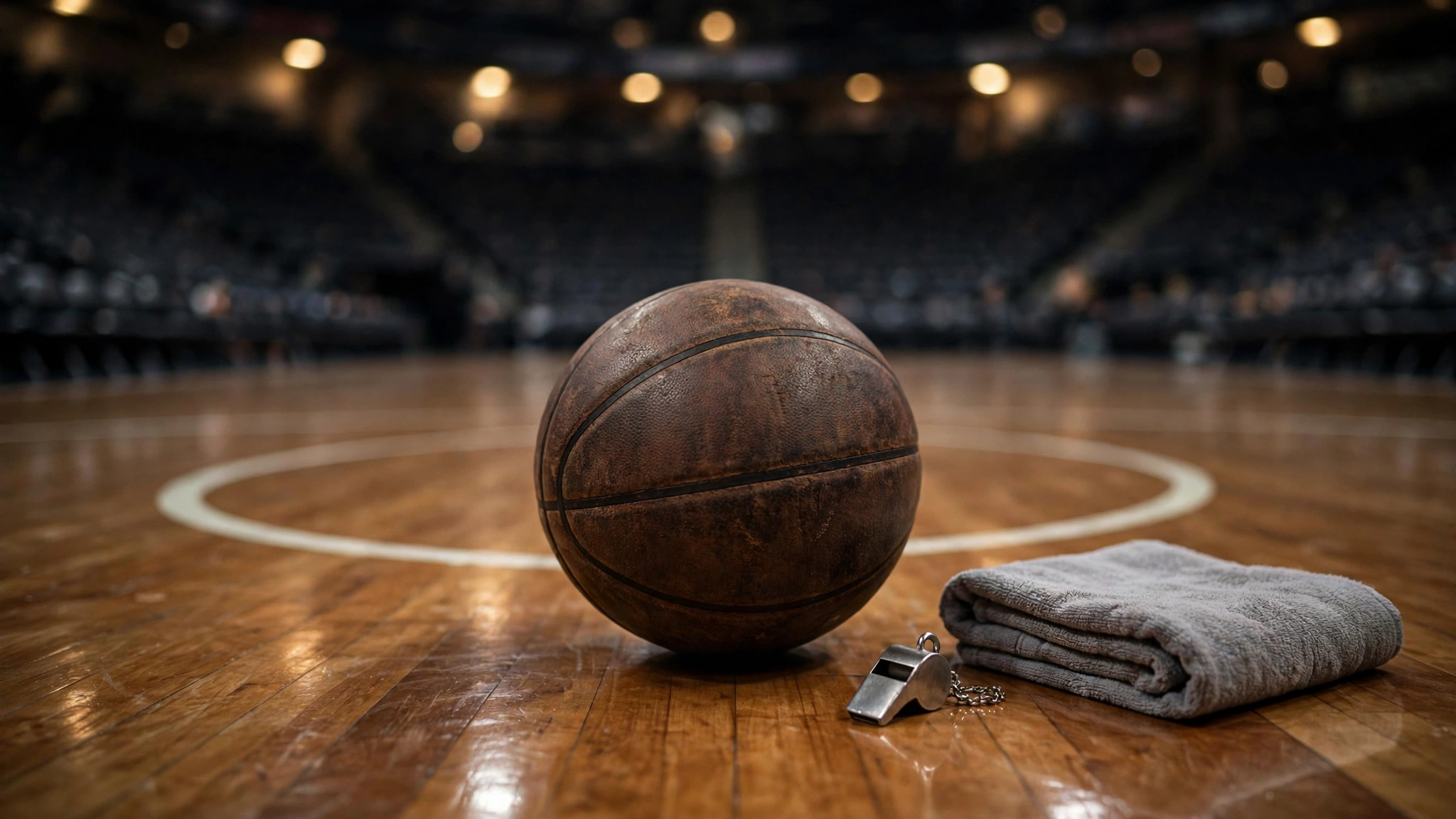 A worn basketball resting at center court beside a coach's whistle and a folded towel