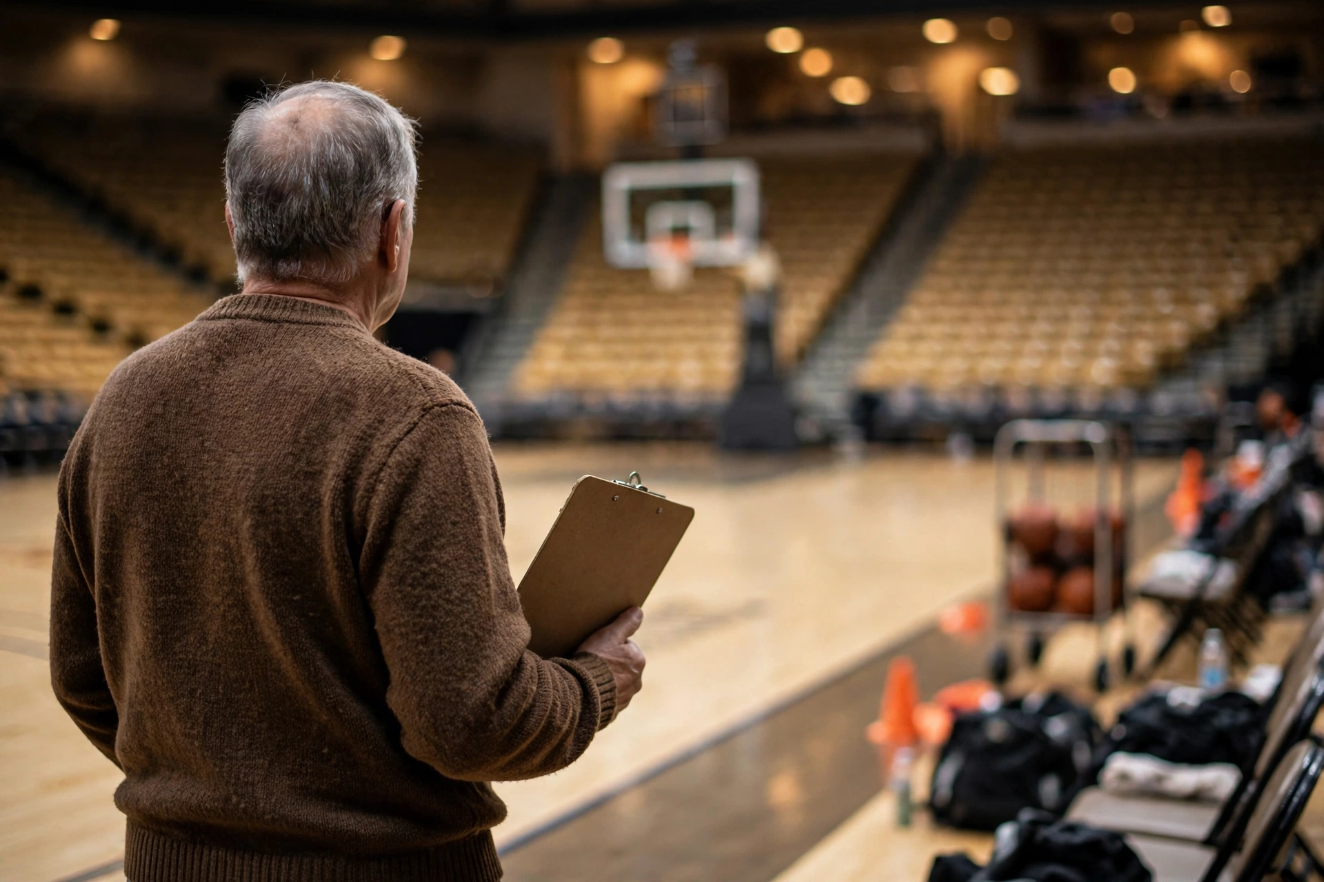 The back view of an older coach in a brown sweater holding a clipboard at the sideline of a basketball court