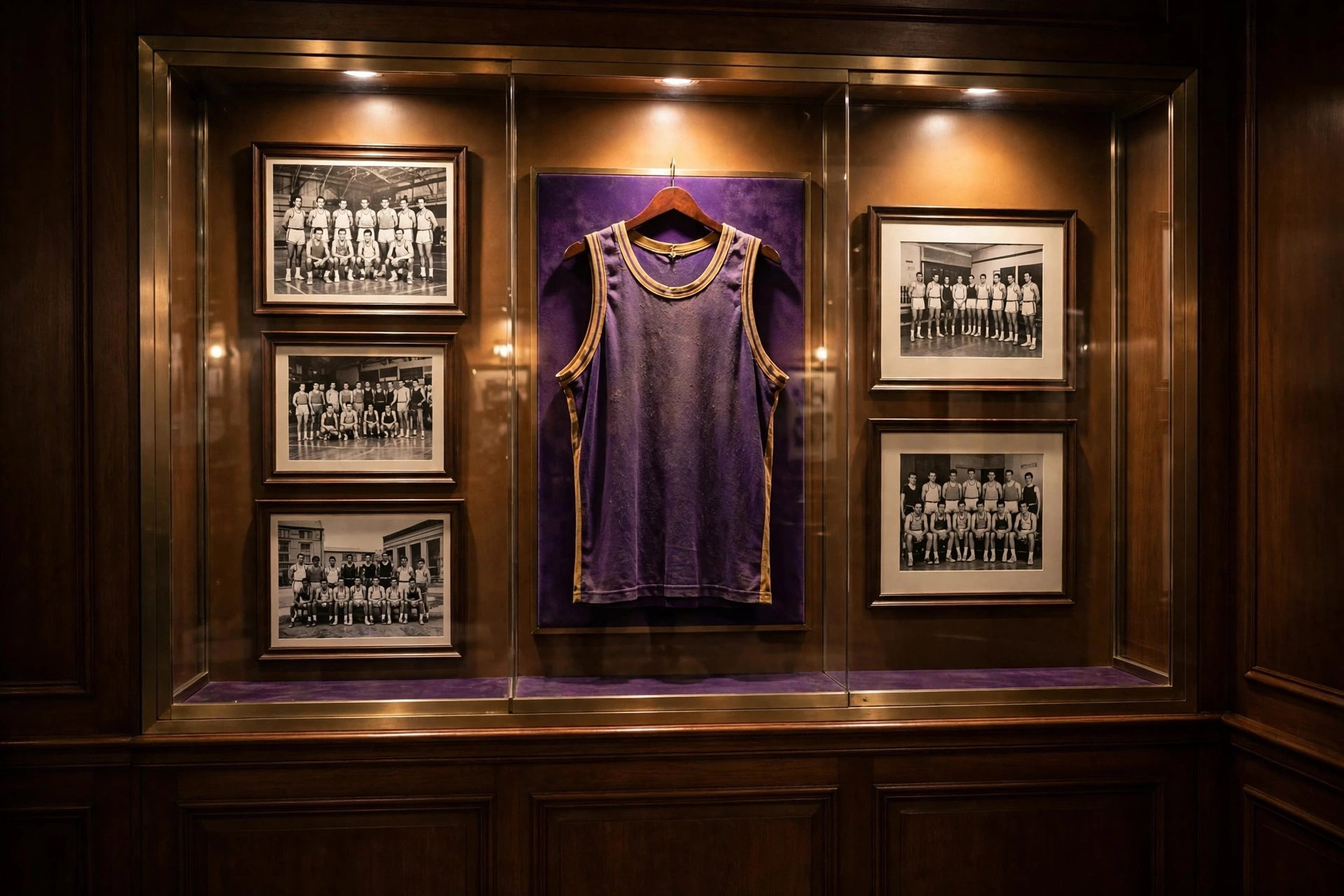 A hall of fame display case with a retired basketball jersey and framed team photos under spotlights