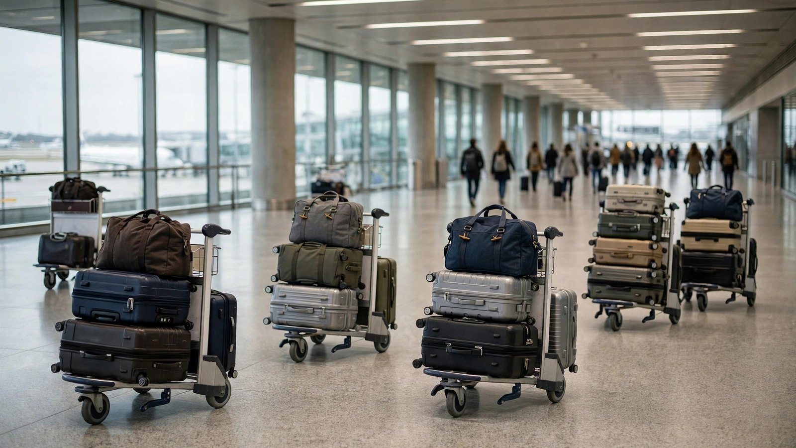 Suitcases stacked on luggage trolleys in an airport departure hall, with travelers walking in the distance.