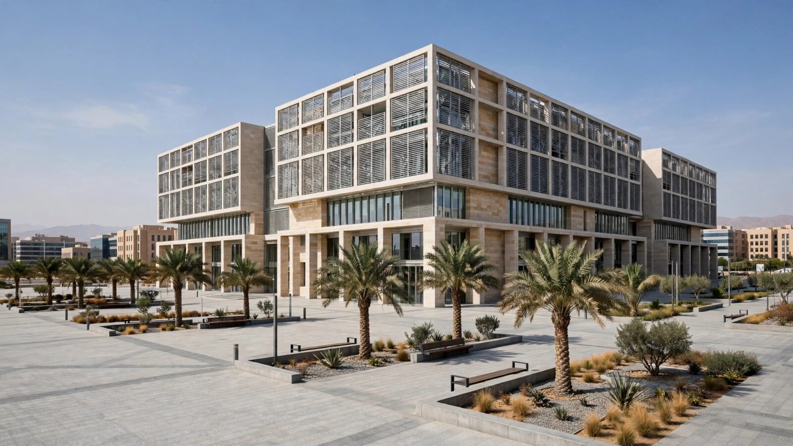A modern government office building with palm trees and a paved plaza in front, under a clear sky.