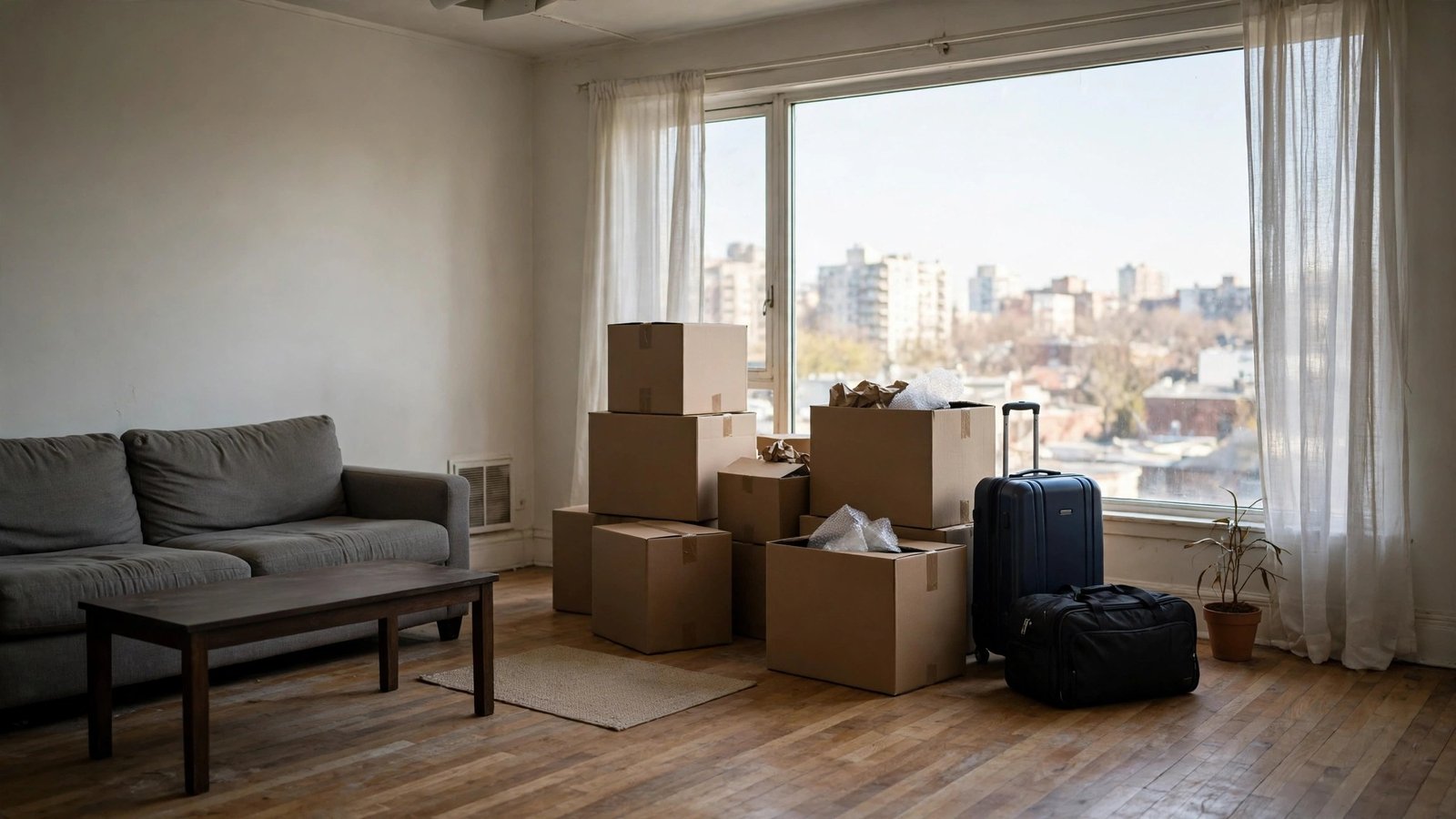 Cardboard moving boxes and suitcases in a living room beside a window.