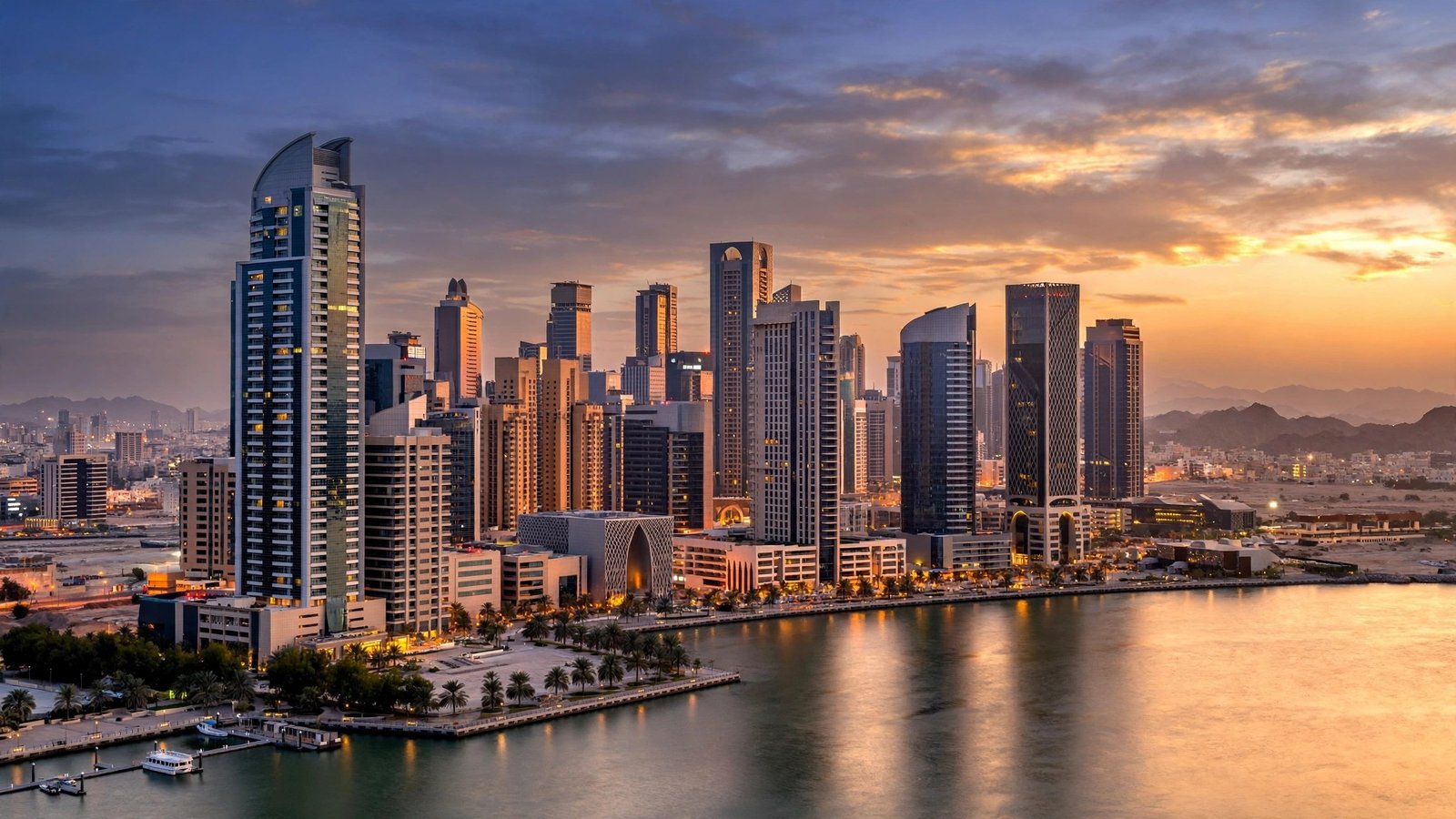 A city skyline of high-rise buildings beside water at sunset.
