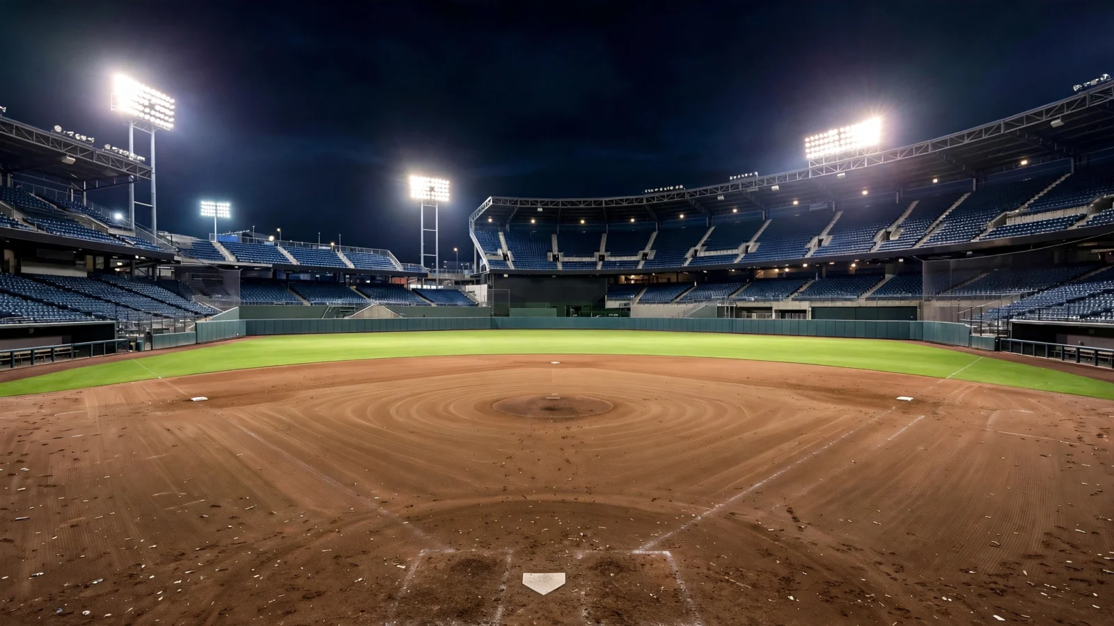 An empty baseball stadium at night under bright floodlights
