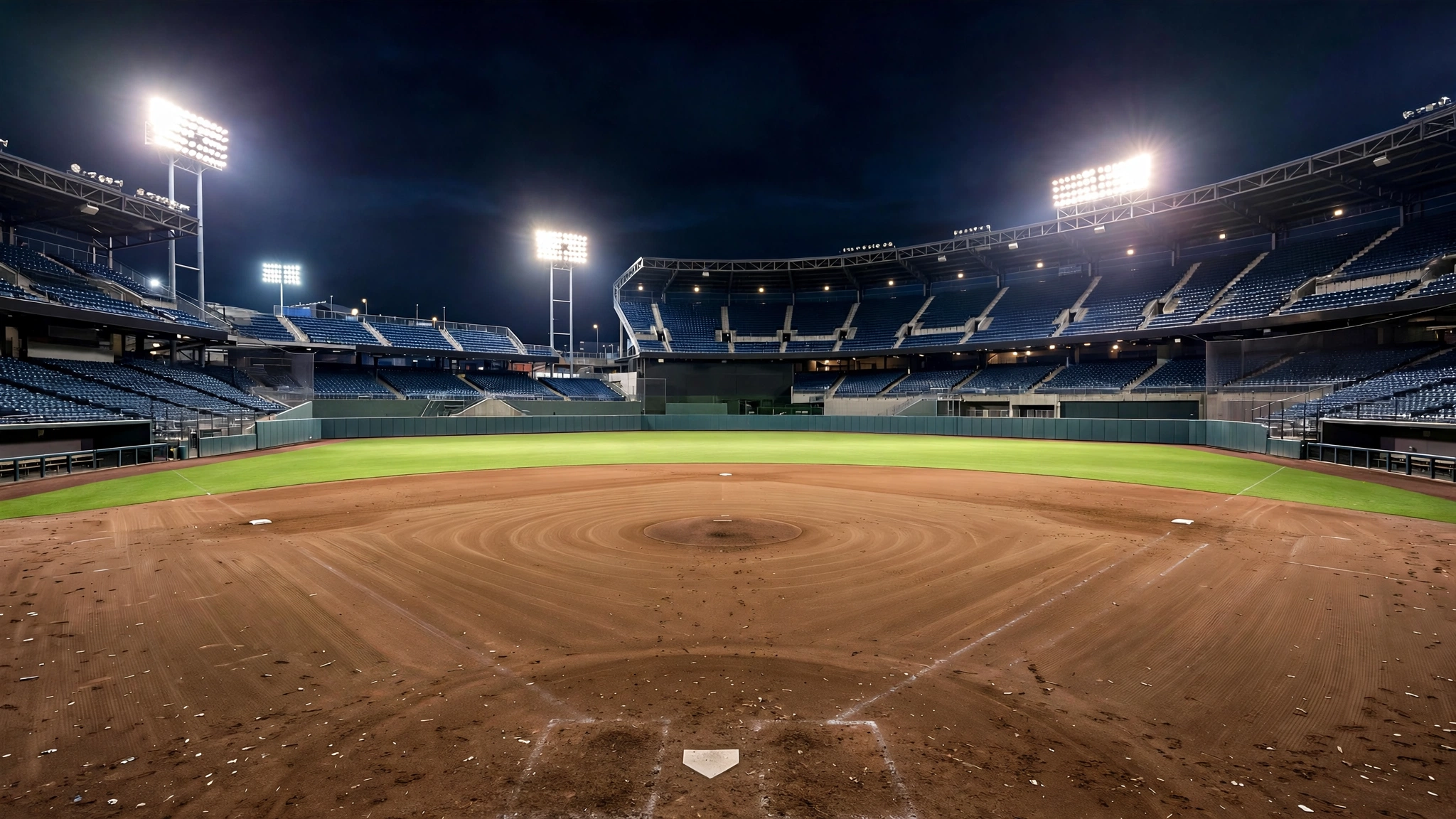 An empty baseball stadium at night under bright floodlights