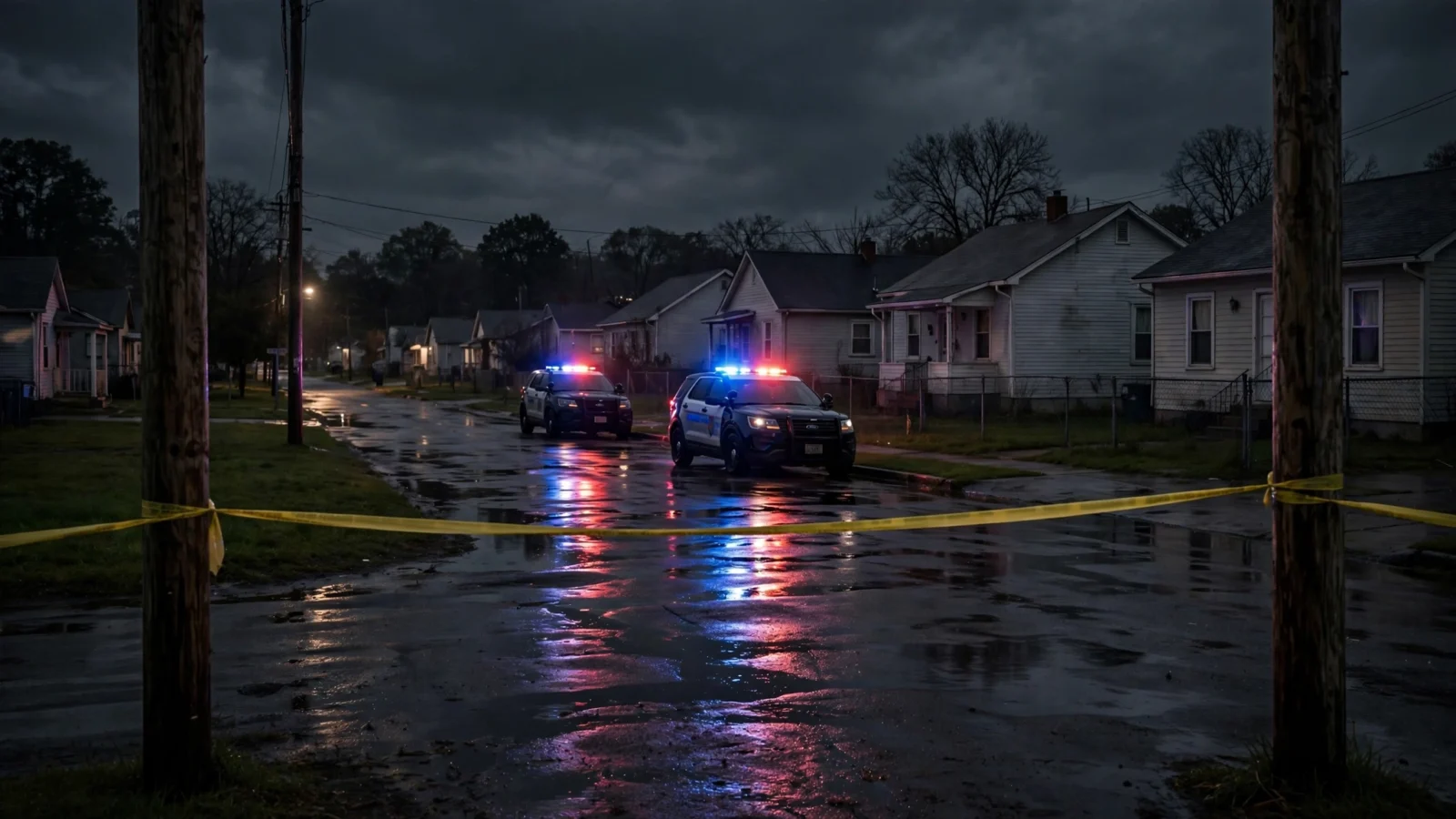Police cruisers with flashing lights and yellow crime scene tape on a dark residential street at night