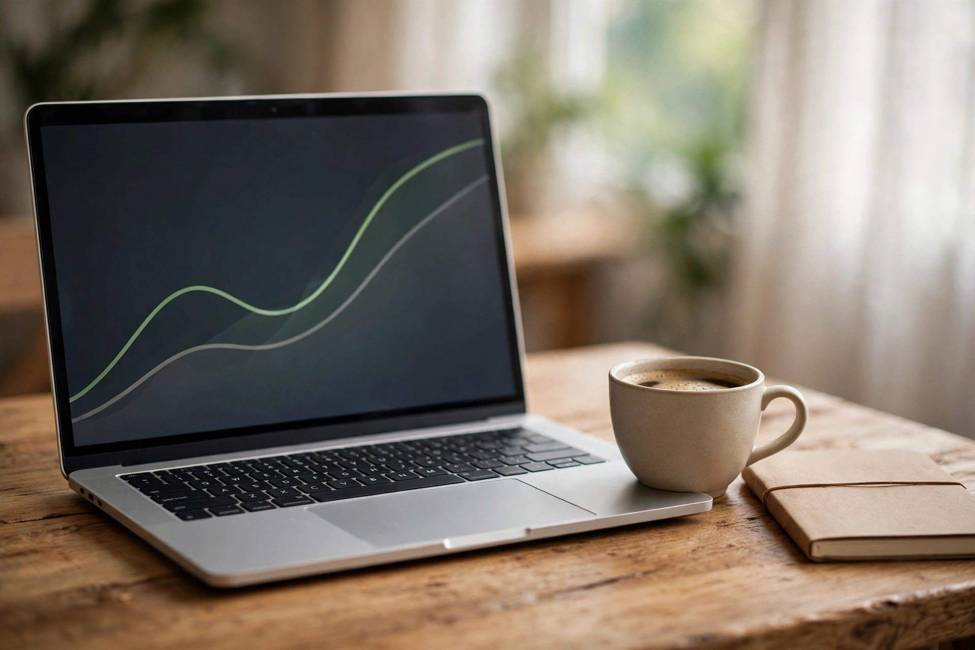 A laptop on a wooden desk displaying a rising line chart on its screen, with a cup of coffee and a notebook beside it