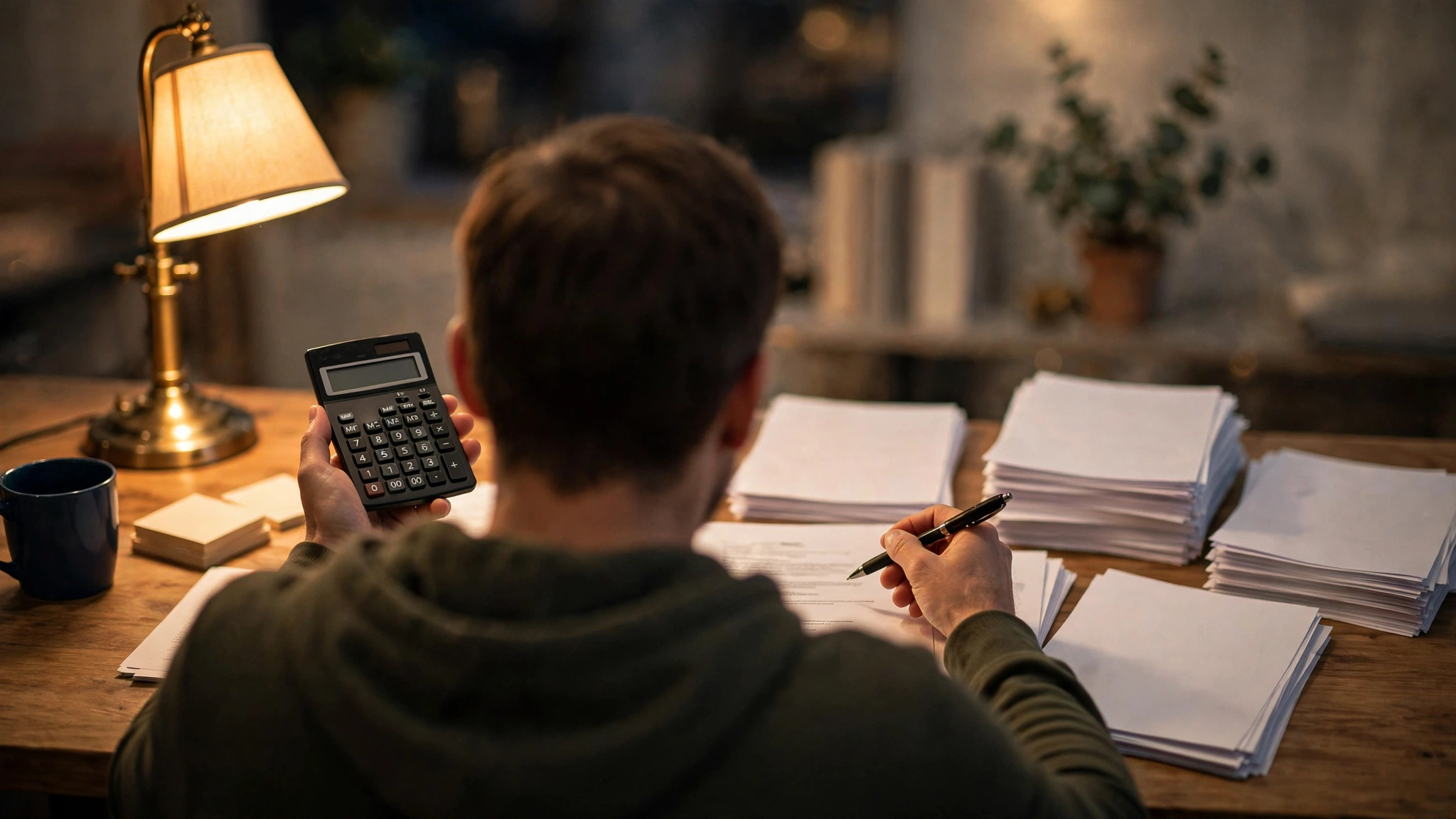 A person seen from behind at a desk holding a calculator and reviewing stacks of financial documents under a desk lamp
