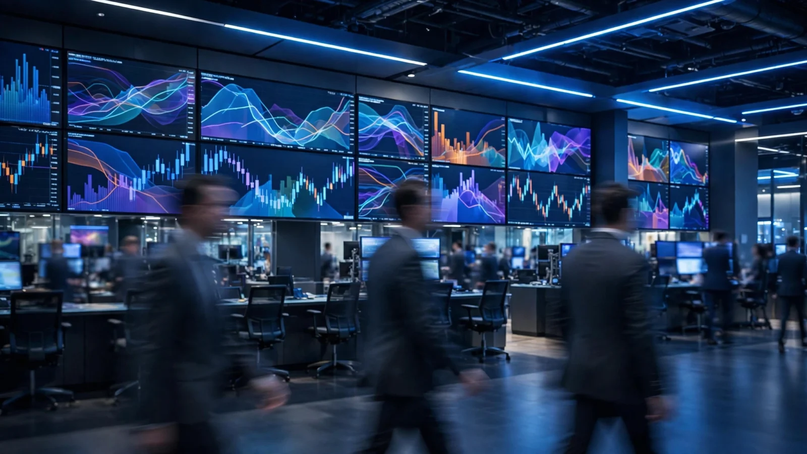 Rows of large monitors displaying colorful stock market charts on a trading floor, with blurred people walking in the foreground