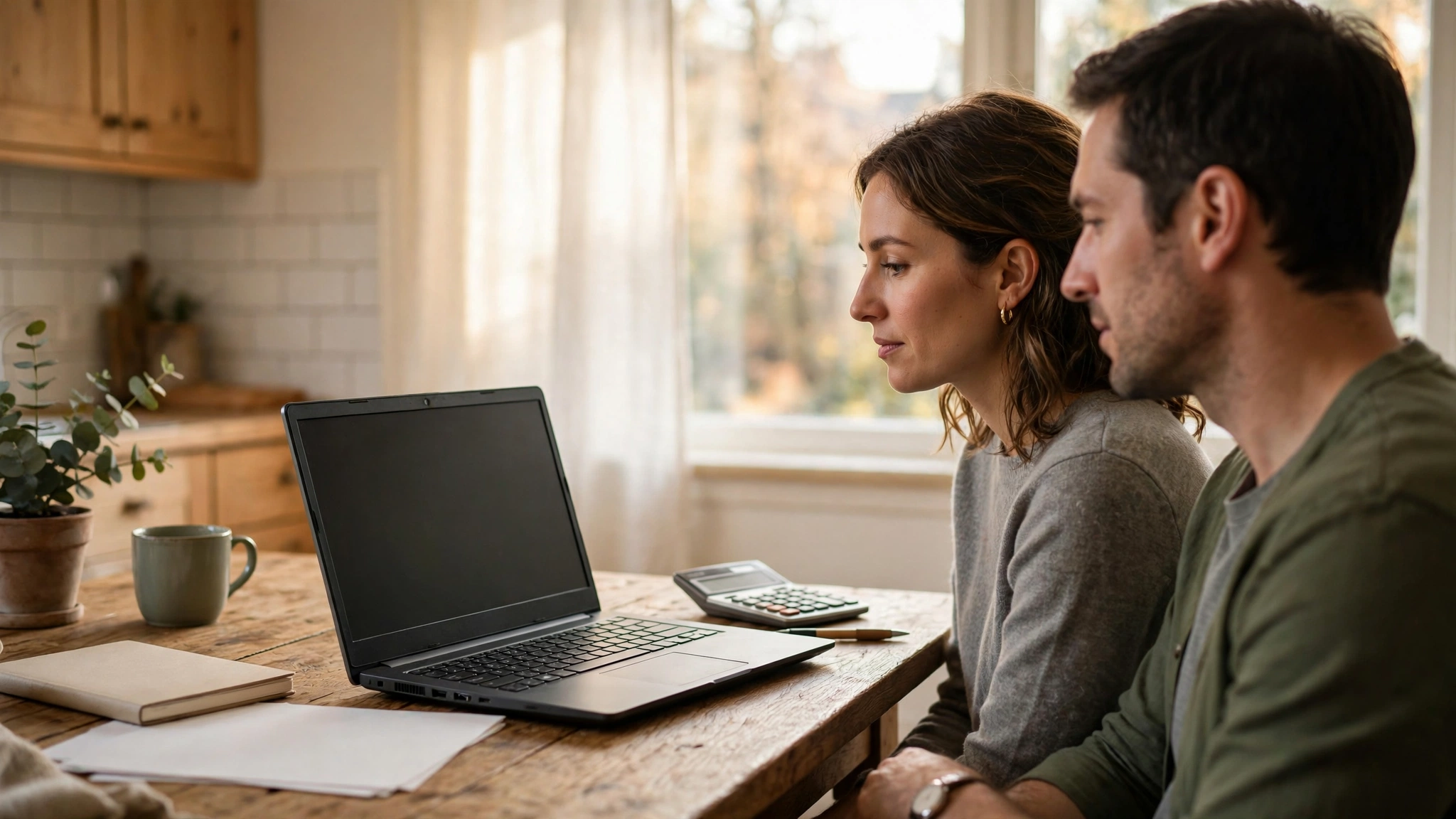 A couple sitting at a kitchen table looking at a laptop, with a calculator and notebooks nearby