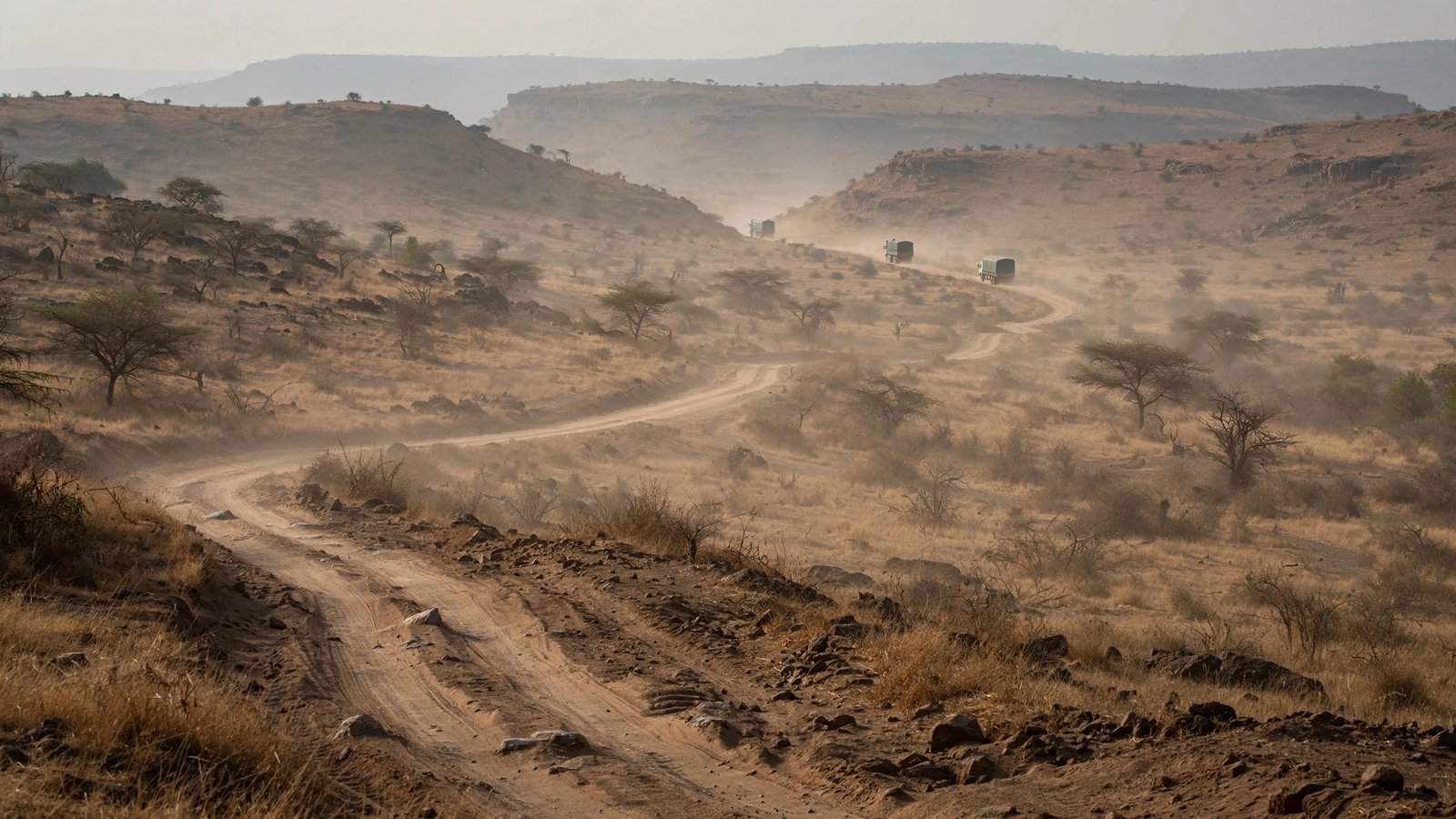 Cargo trucks on a dusty dirt road through dry highlands, with a haze over the hills.