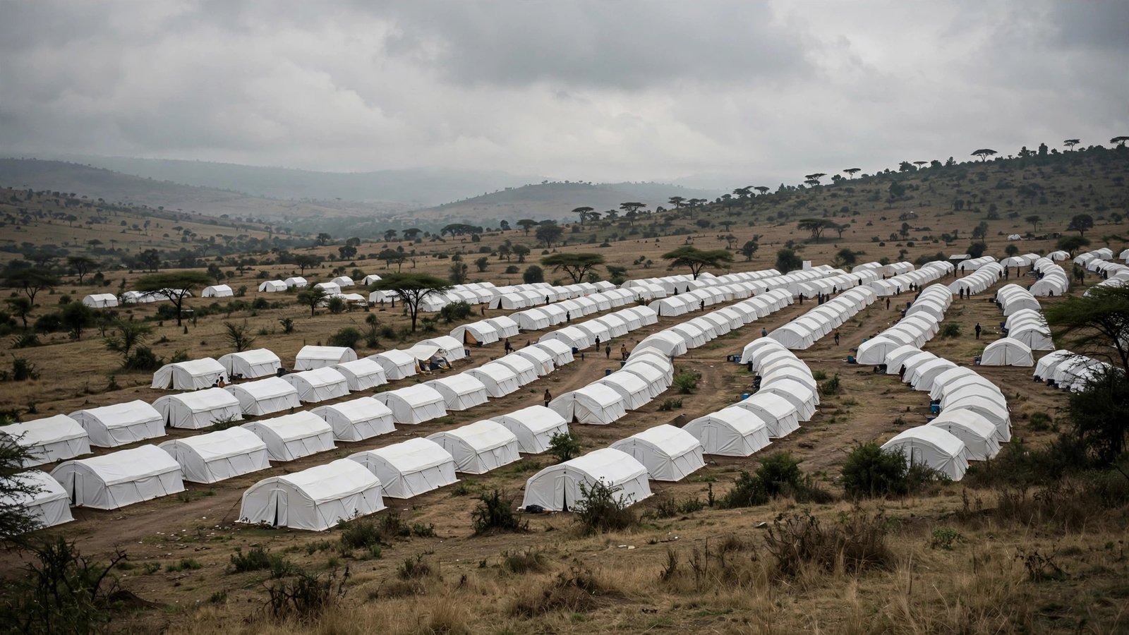 Rows of white tents in a humanitarian aid camp on a rural hillside, with small figures walking between them.