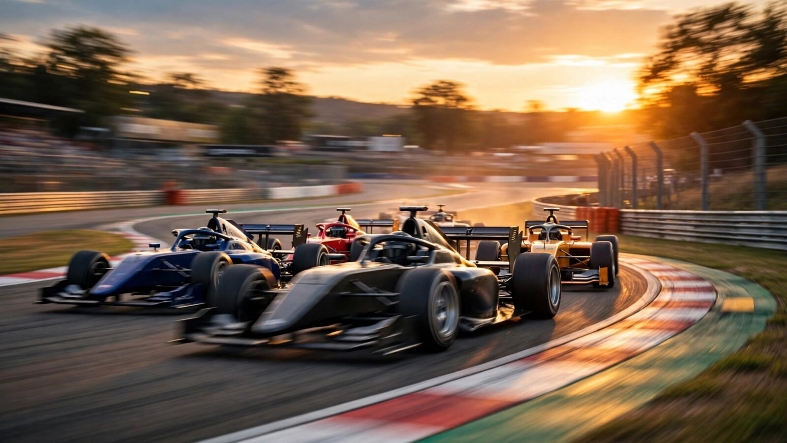 Open-wheel race cars in generic liveries speeding through a turn on a modern circuit at sunset, drivers anonymous in helmets