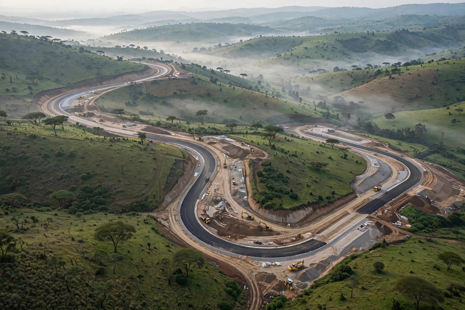 Aerial view of a racing circuit under construction in green rolling hills, winding asphalt track with earthmoving equipment