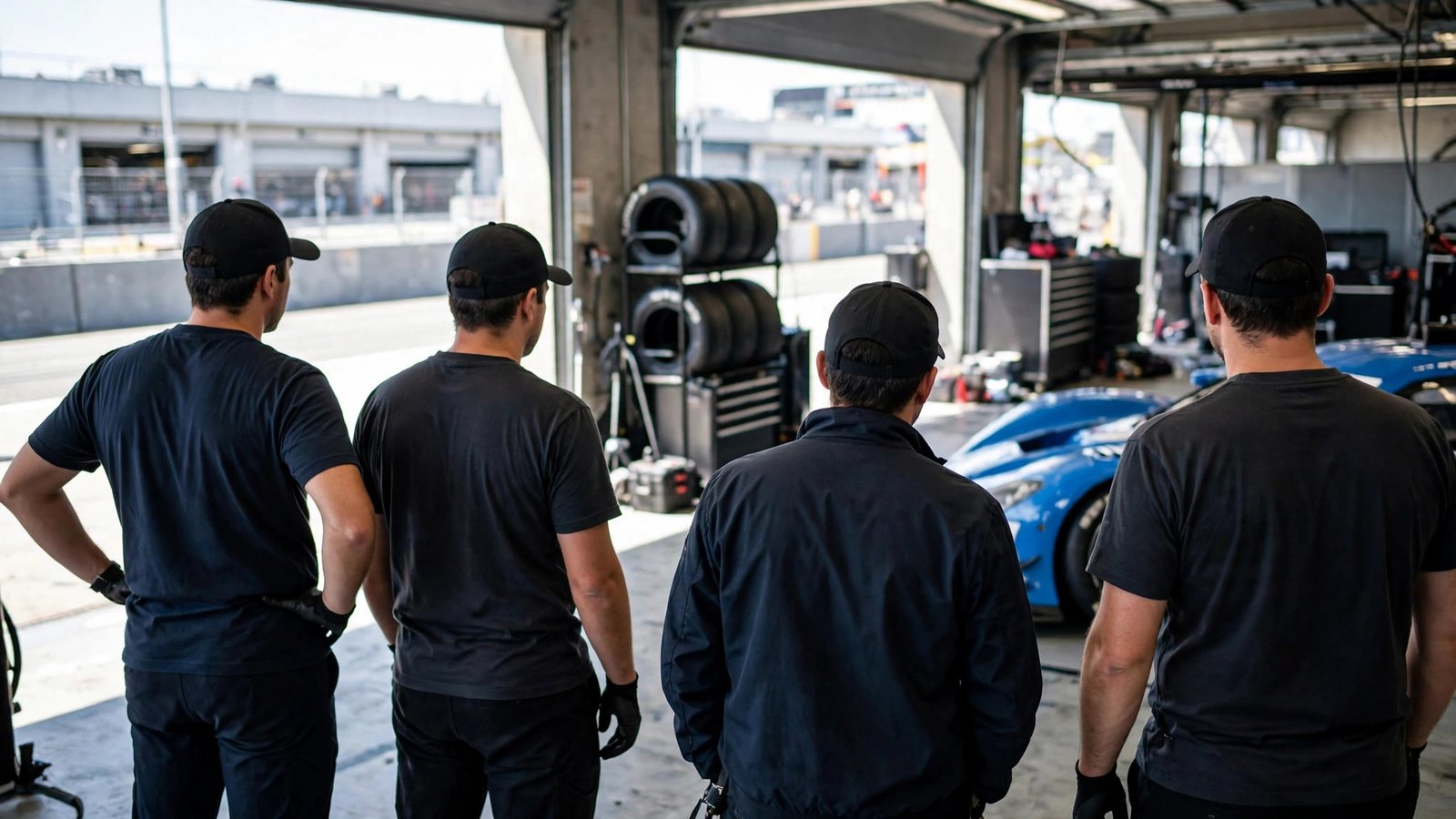 Pit crew members in generic racing uniforms seen from behind inside a pit garage during a race weekend
