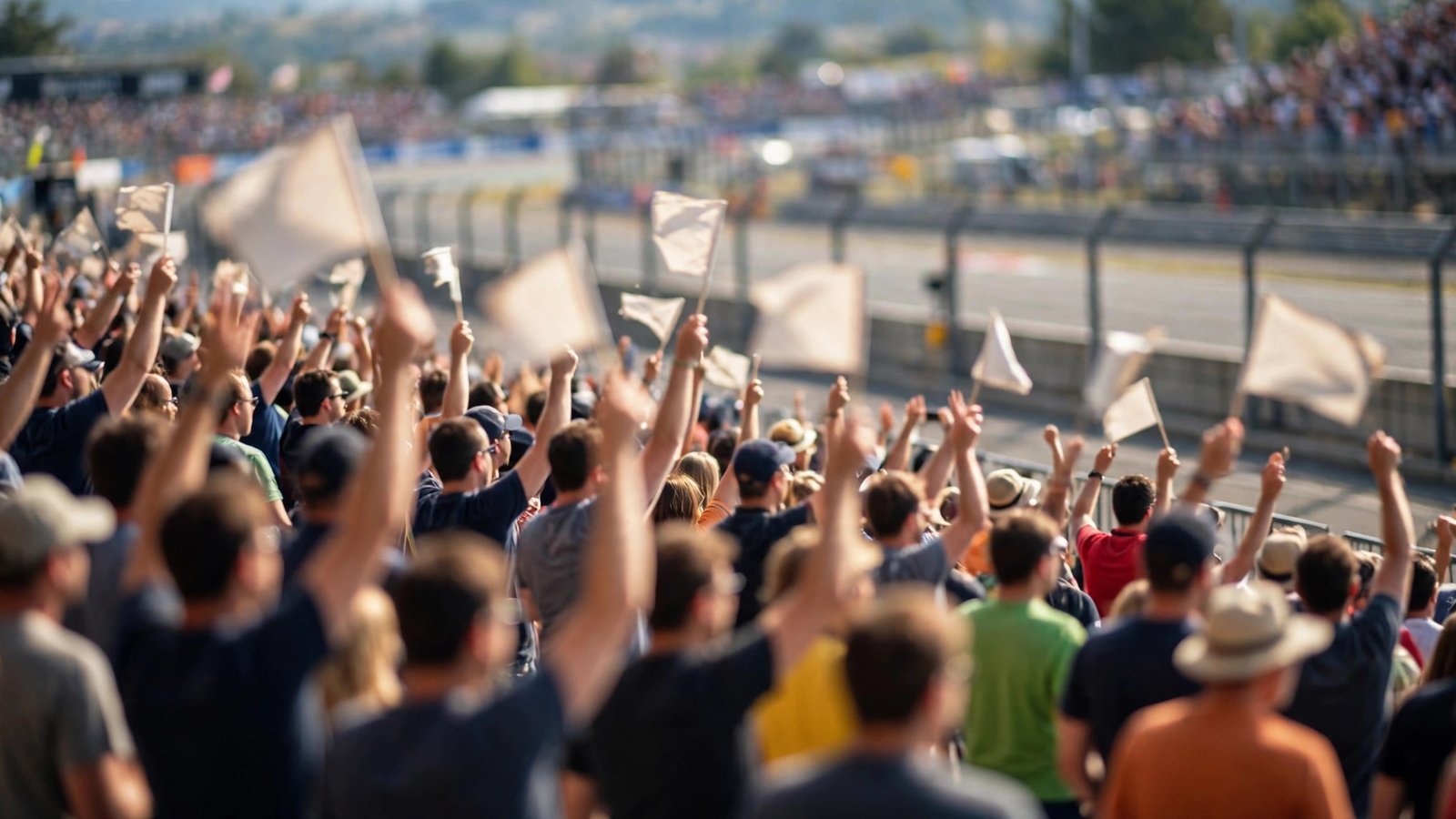 Crowd in a race circuit grandstand with raised arms waving blank flags, faces indistinct