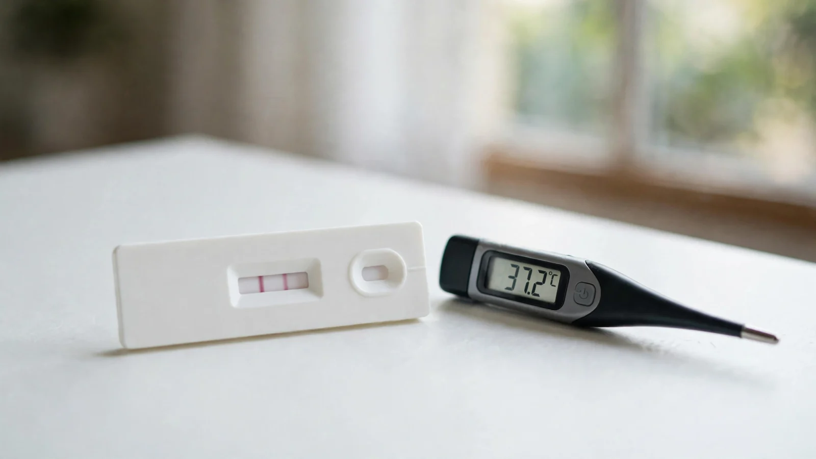 A rapid antigen test cassette showing two result lines next to a digital thermometer reading 37.2 degrees Celsius on a white table