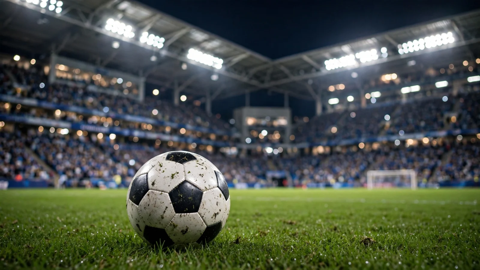 A soccer ball on the pitch of a floodlit stadium at night, with packed stands blurred in the background