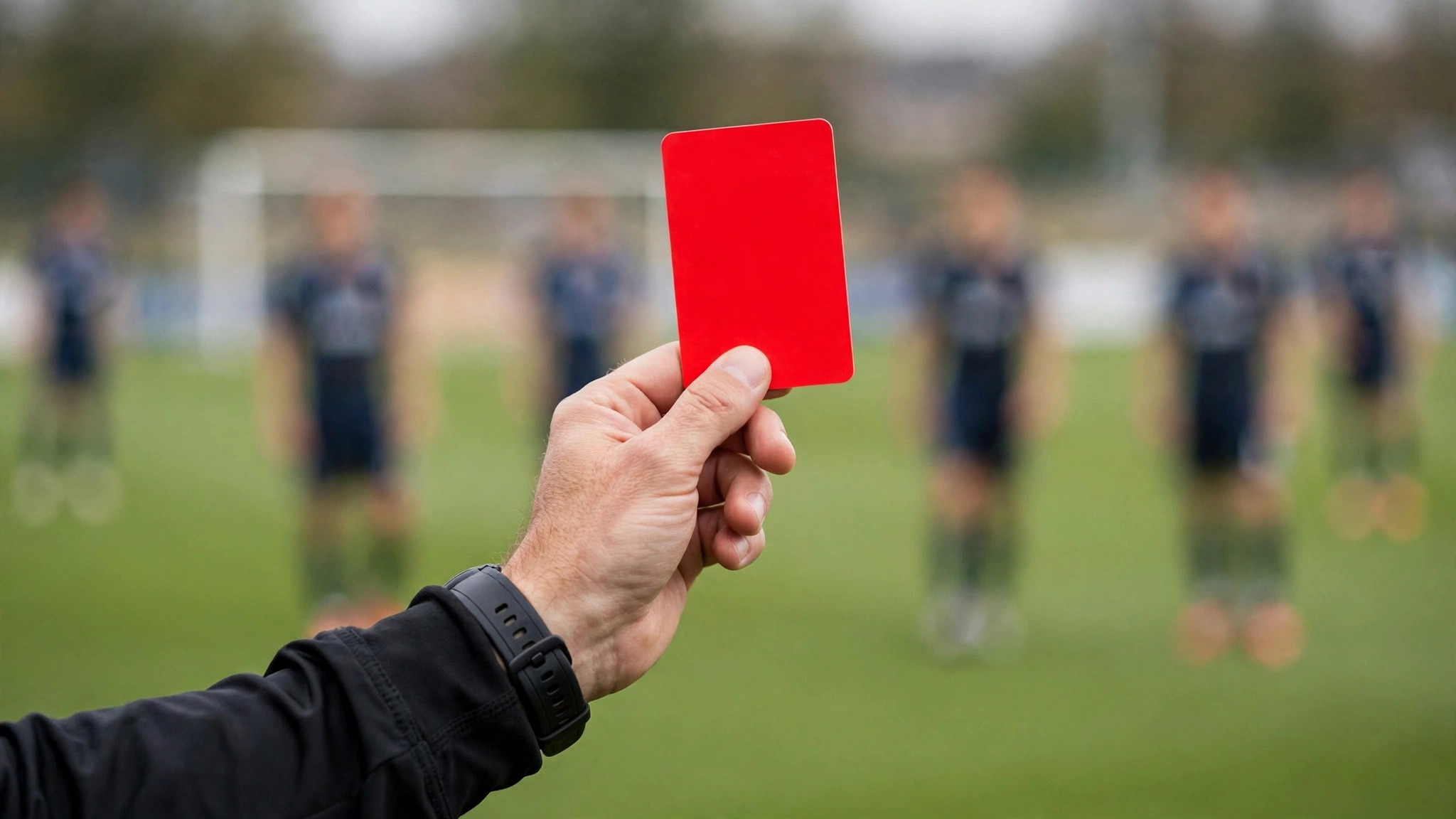 A referee's outstretched hand holding up a red card on a soccer pitch