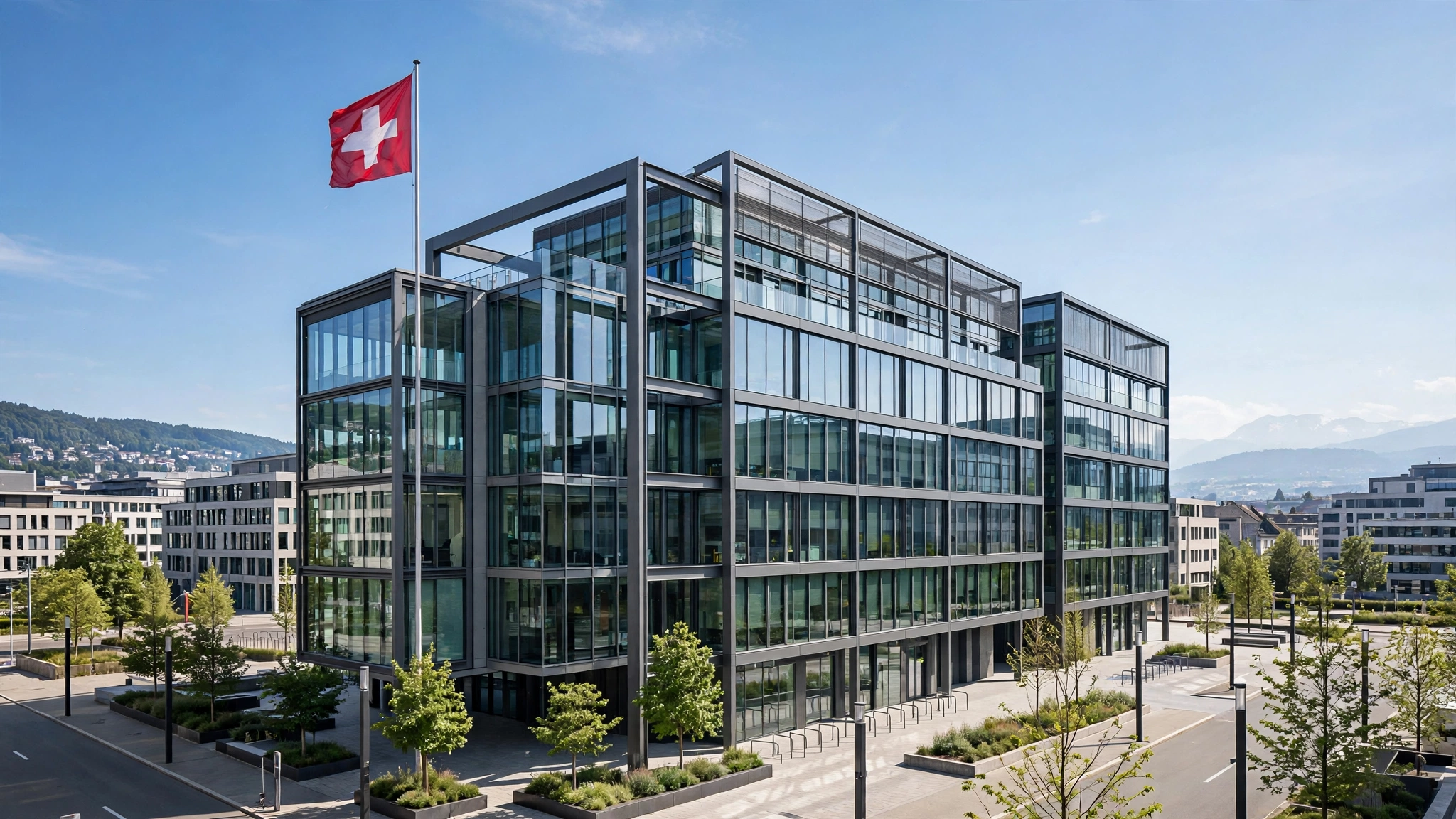 A modern glass office building in Zurich, Switzerland, with a Swiss flag flying