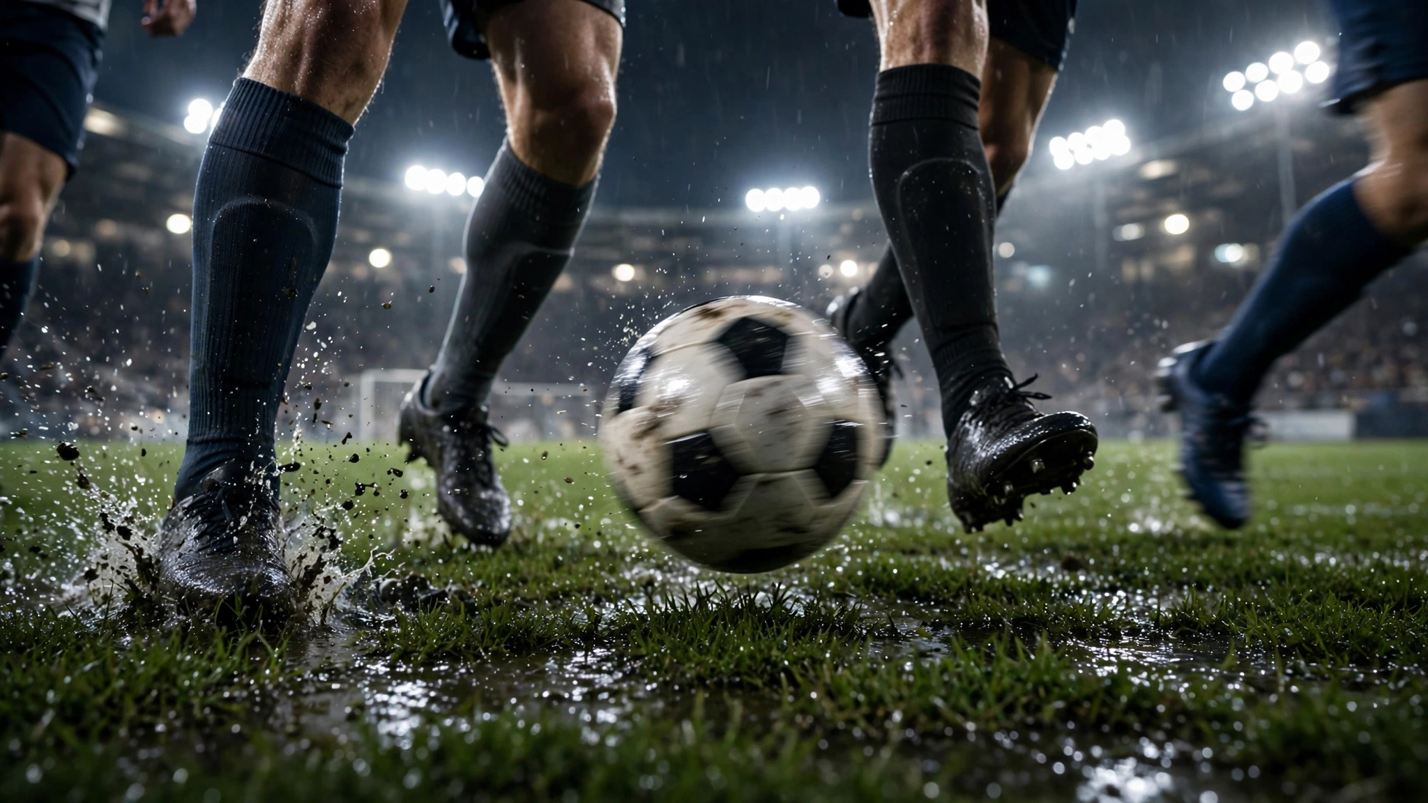 Soccer players' legs and a ball in motion on wet grass during a night match