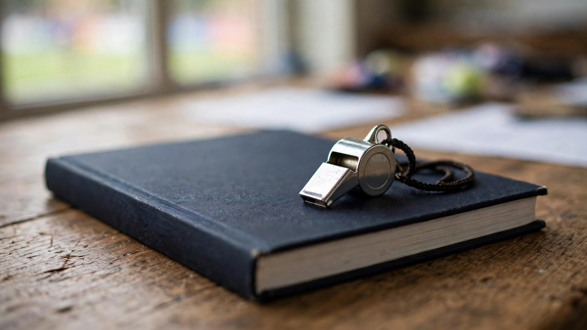 A closed soccer rulebook with a referee's whistle resting on it