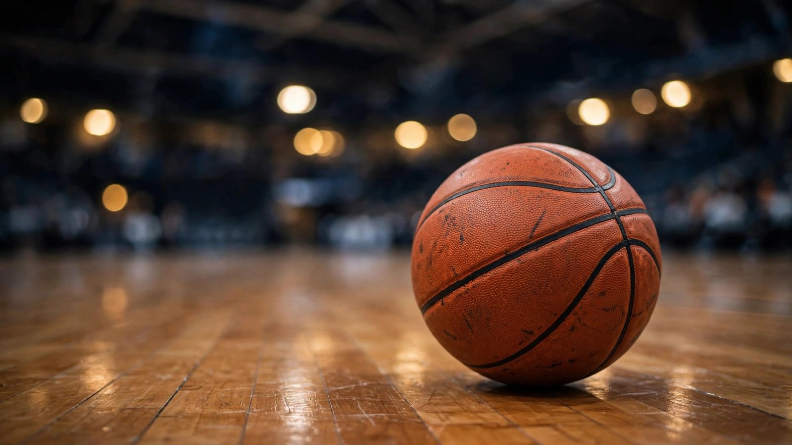 A basketball resting on a polished hardwood court with arena lights blurred in the background.