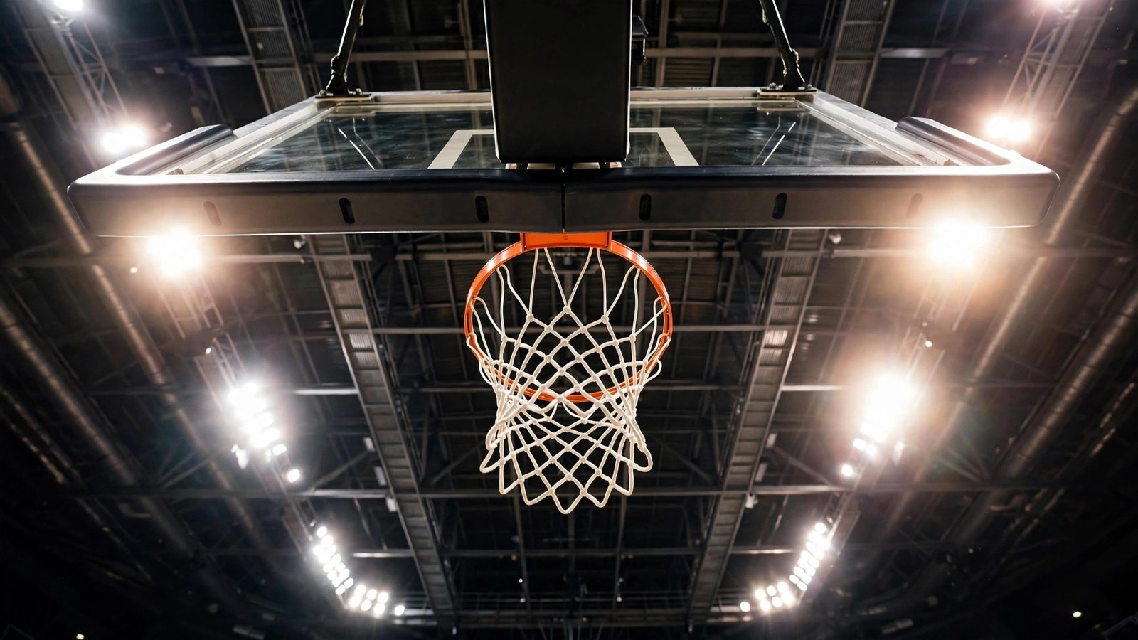 A basketball hoop and net seen from below against bright arena lights.