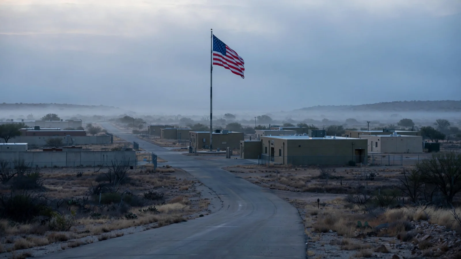 An American flag flies over low buildings and an empty road at a U.S. Army base in Texas at dawn