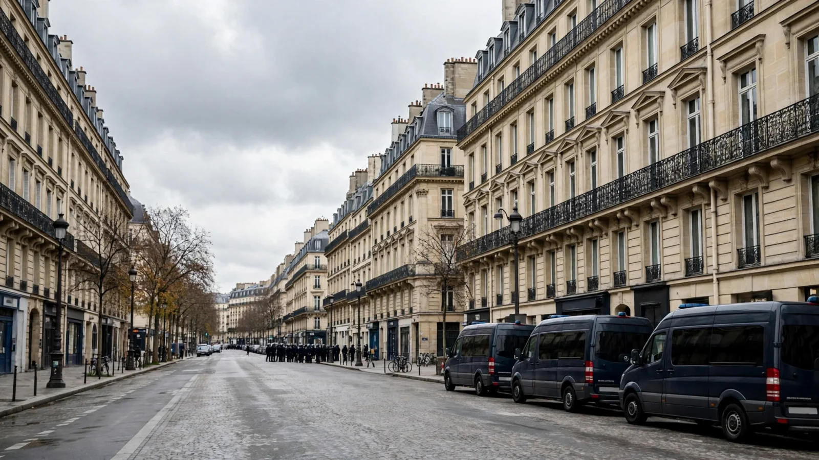 A Paris boulevard with police vans and indistinct officers standing by