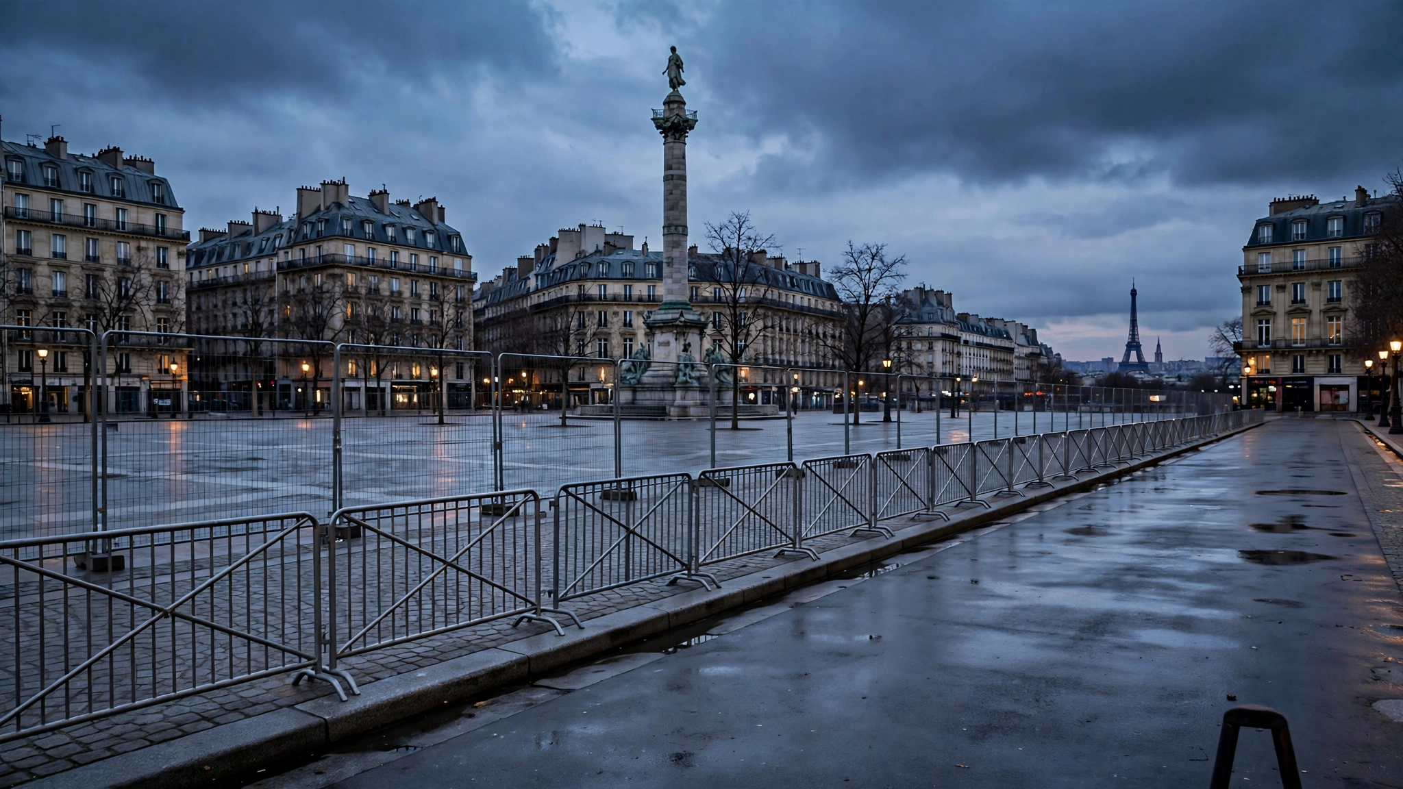A Paris square at dusk with security barriers and the Eiffel Tower in the distance