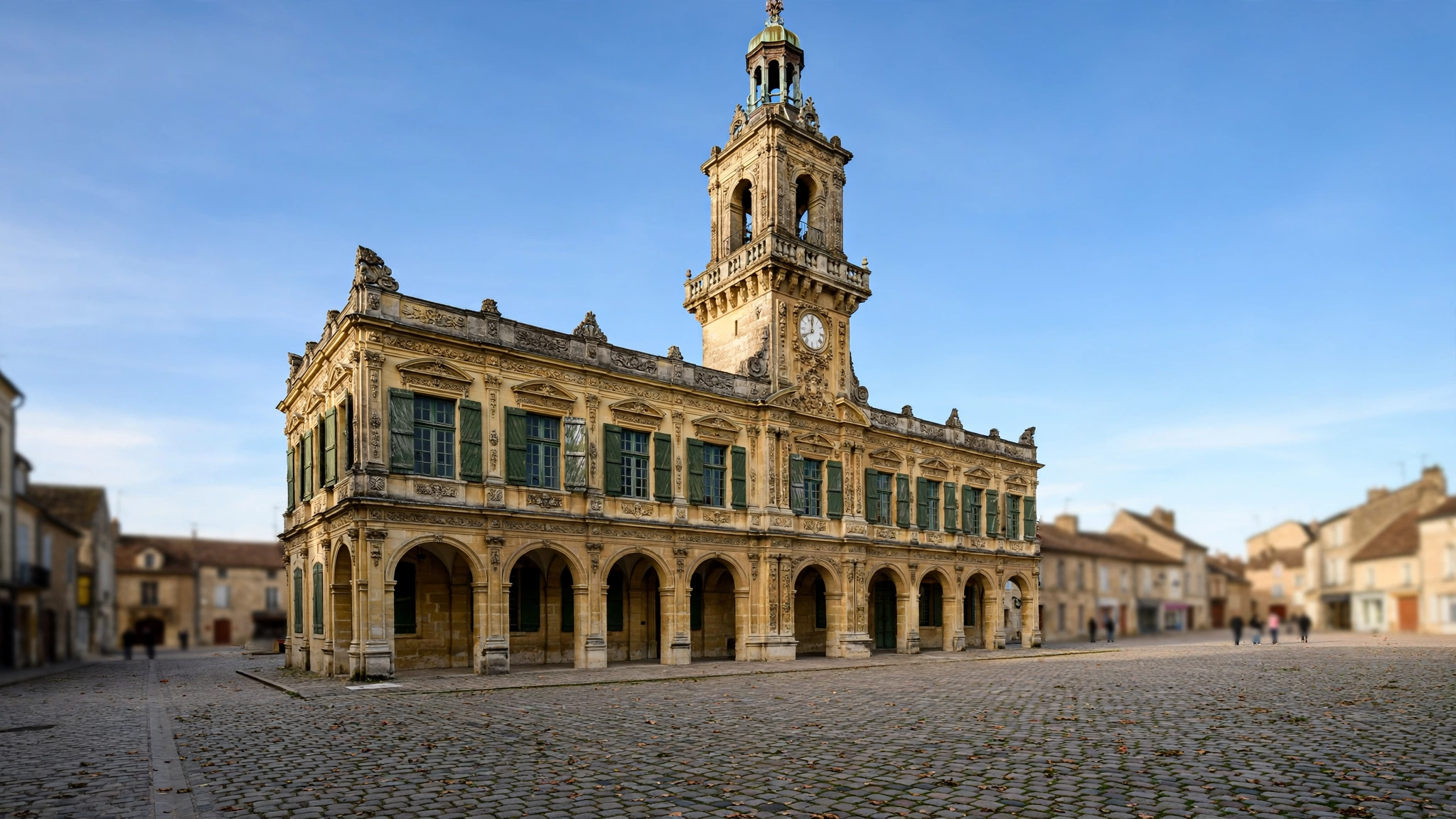 A historic French town hall building in a quiet town square