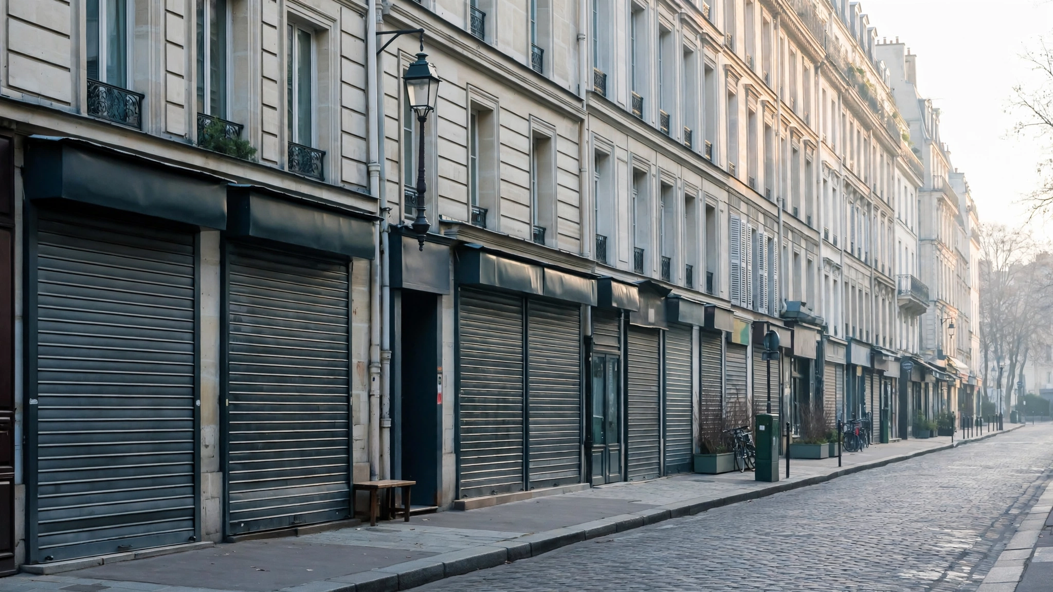 A row of shops with closed shutters on a Paris commercial street