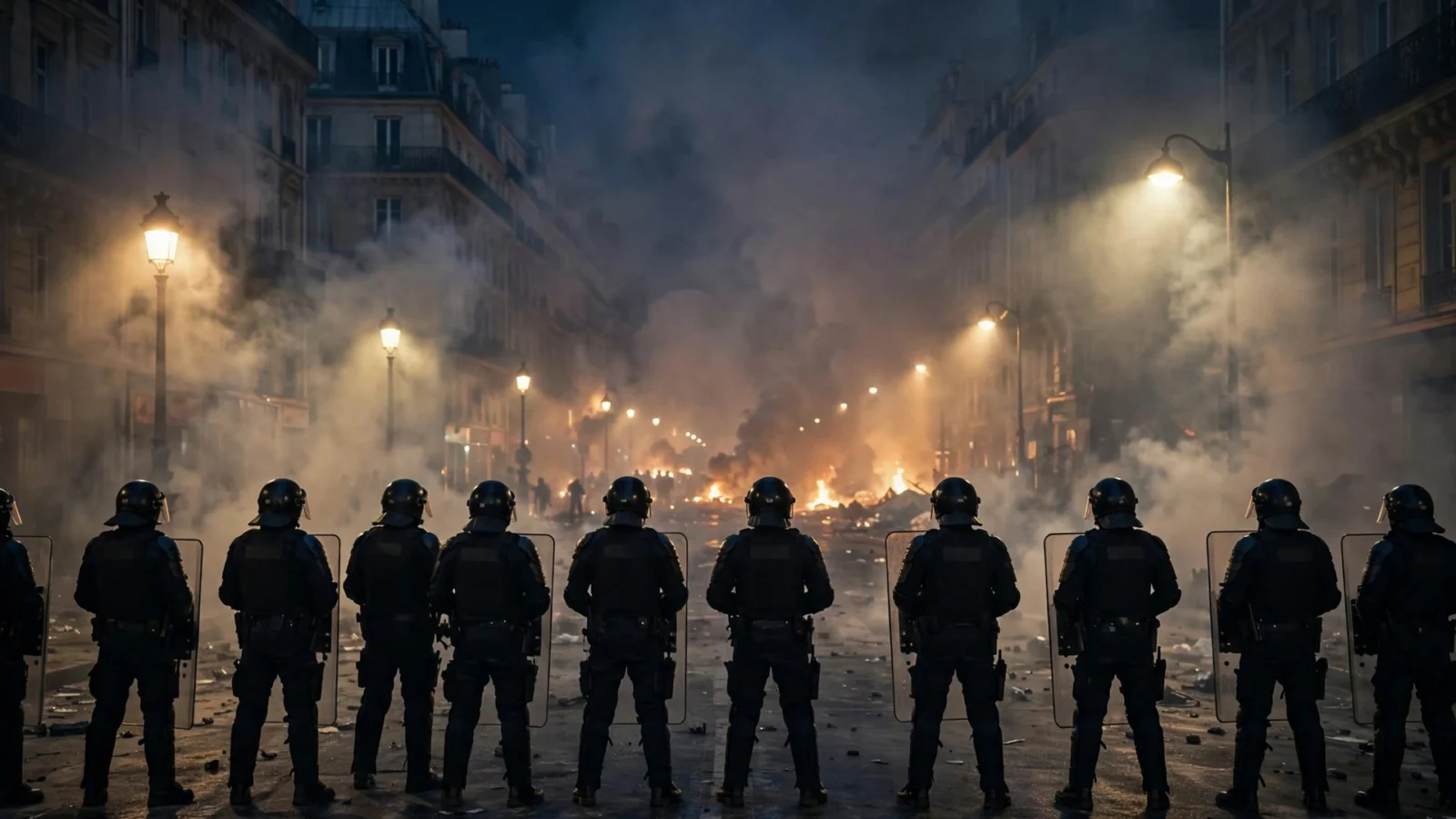 Riot police officers standing in a smoke-filled Paris street at night, with fires burning in the distance during civil unrest