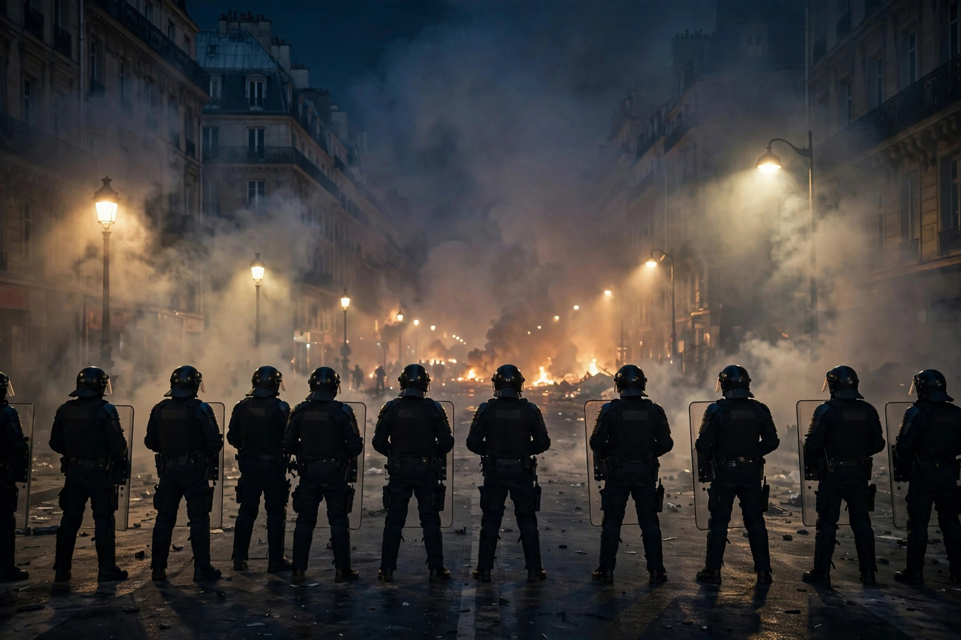 Riot police officers standing in a smoke-filled Paris street at night, with fires burning in the distance during civil unrest
