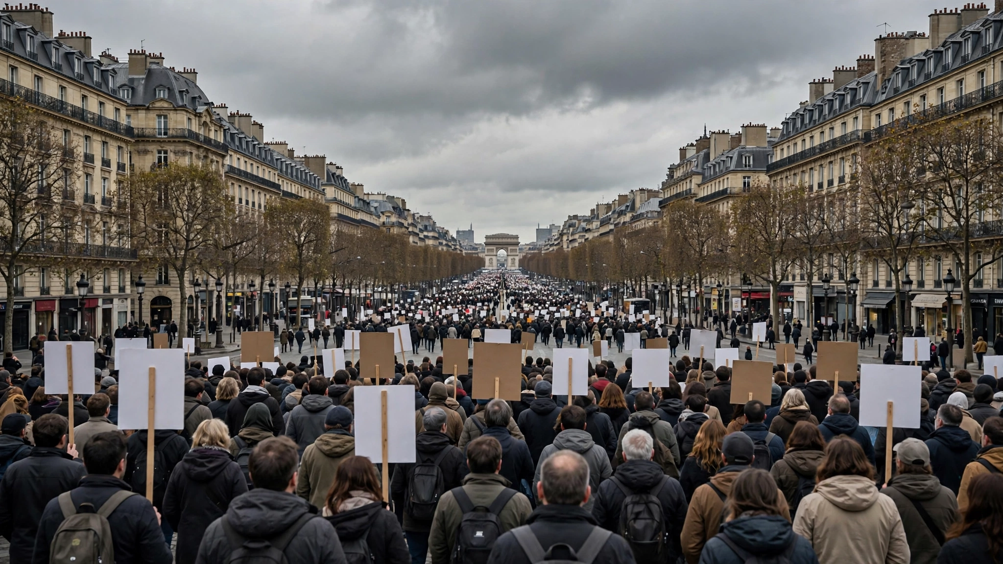 A large crowd of demonstrators with blank placards marching on a wide Paris boulevard during daytime cost-of-living protests