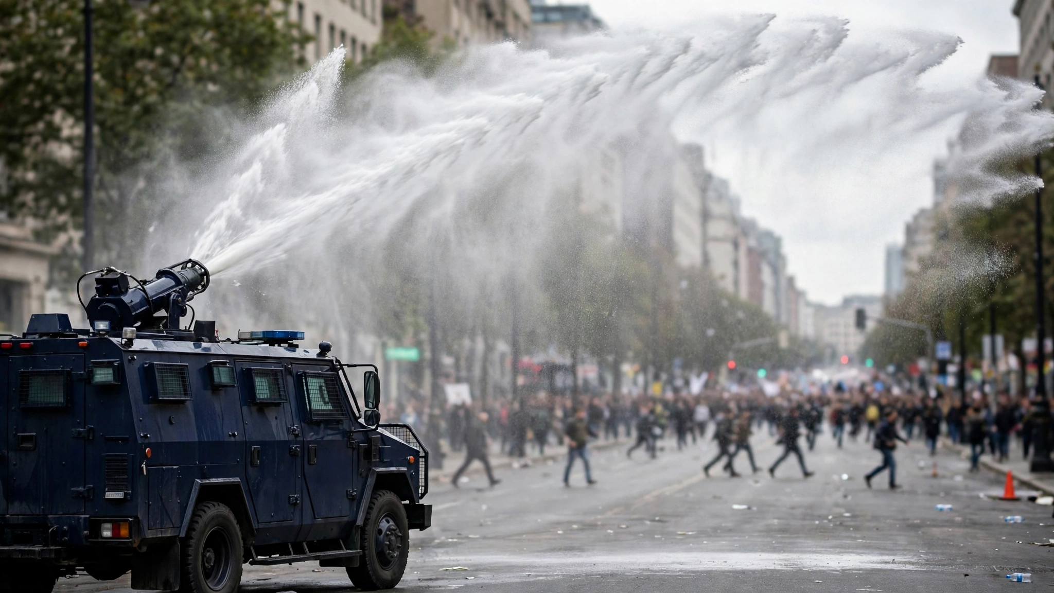A riot police water cannon vehicle spraying a high arc of water on a wide city street during a daytime demonstration