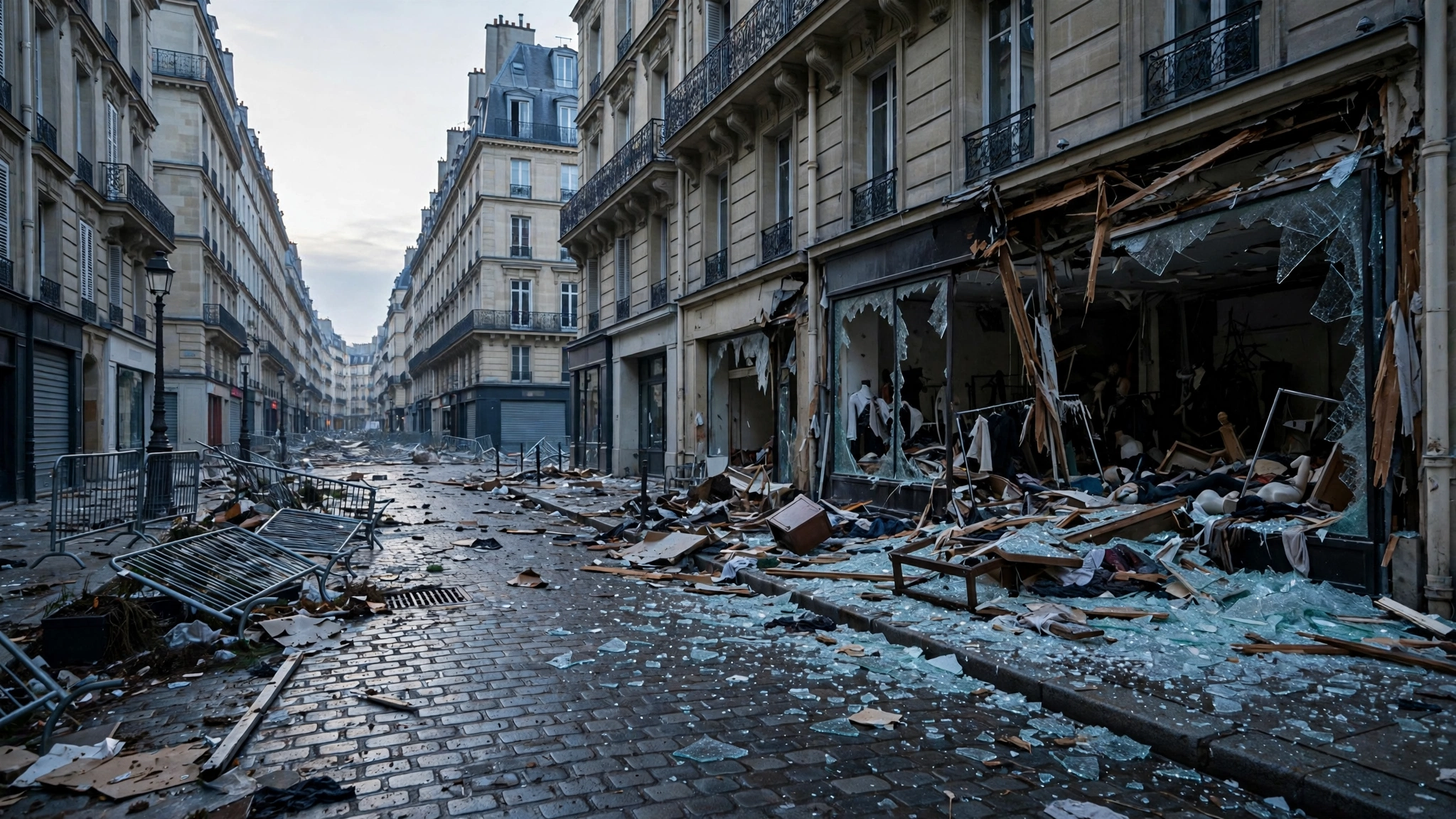 A Paris shopping street at dawn with smashed storefront windows, broken glass and debris scattered across the sidewalk after looting