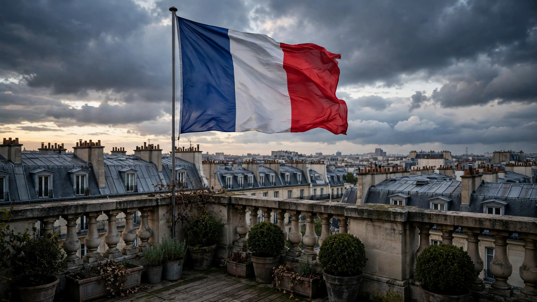 The French tricolor flag waving above Paris rooftops at dusk