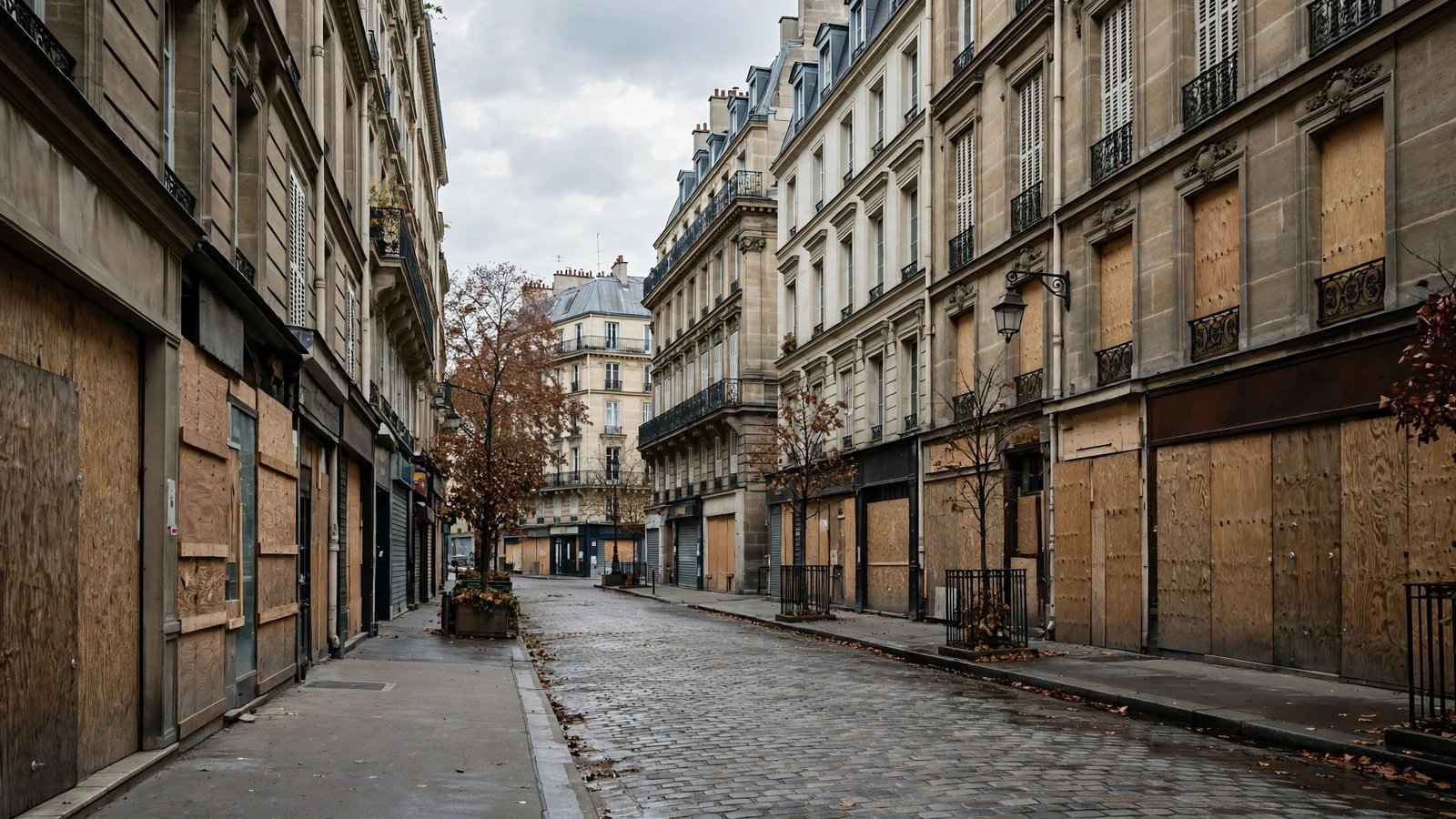 An empty city street with shopfronts and windows covered by wooden boards.