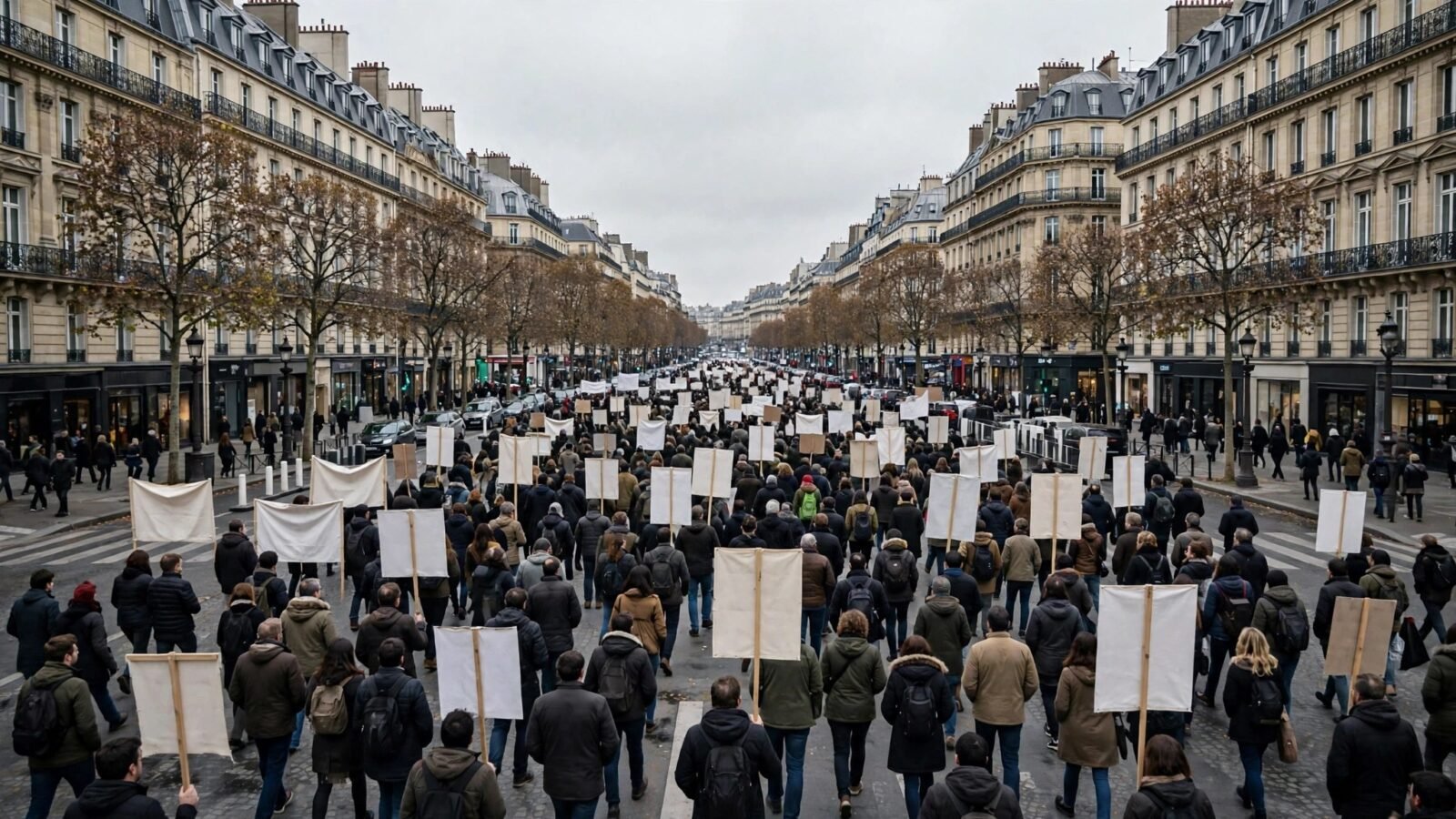 A large crowd of people walking along a wide city boulevard carrying blank white banners.